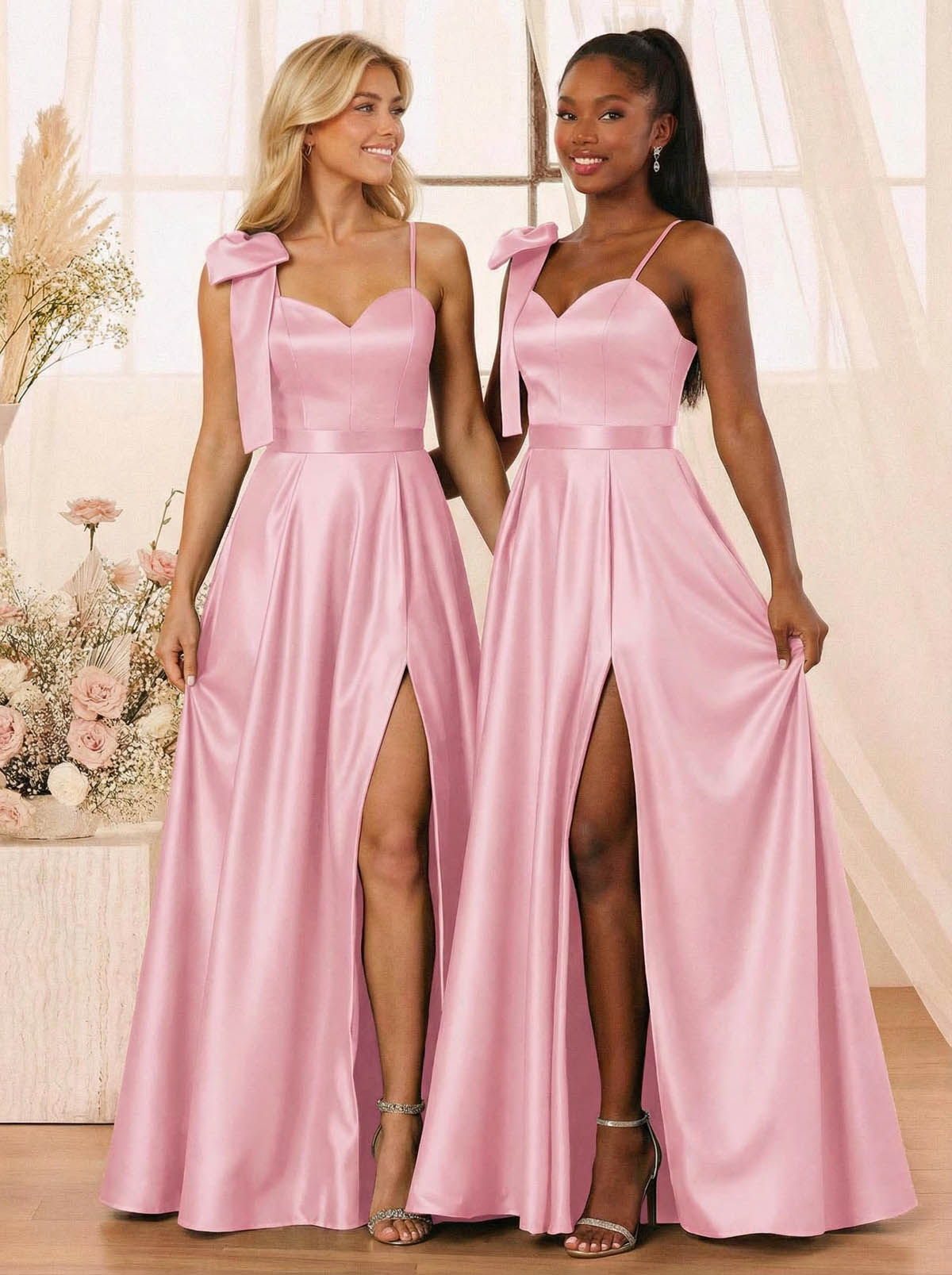 A-Line Sweetheart Floor-Length Satin Bridesmaid Dresses With Bow(s)/High Split, product image 14