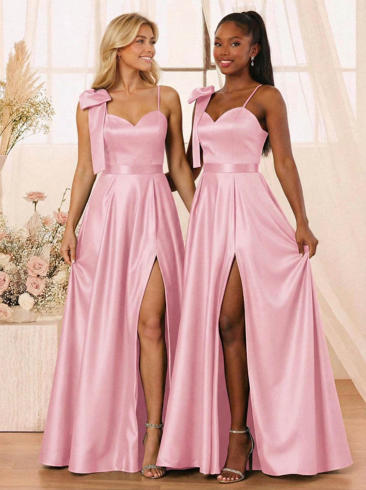 A-Line Sweetheart Floor-Length Satin Bridesmaid Dresses With Bow(s)/High Split, product image 14