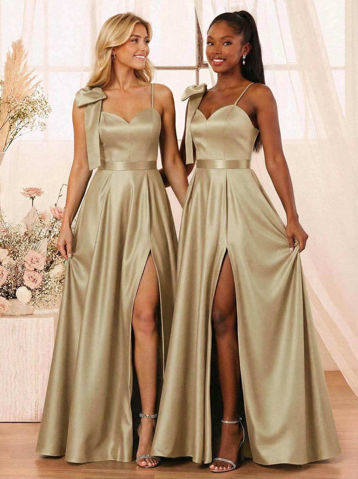 A-Line Sweetheart Floor-Length Satin Bridesmaid Dresses With Bow(s)/High Split, product image 27