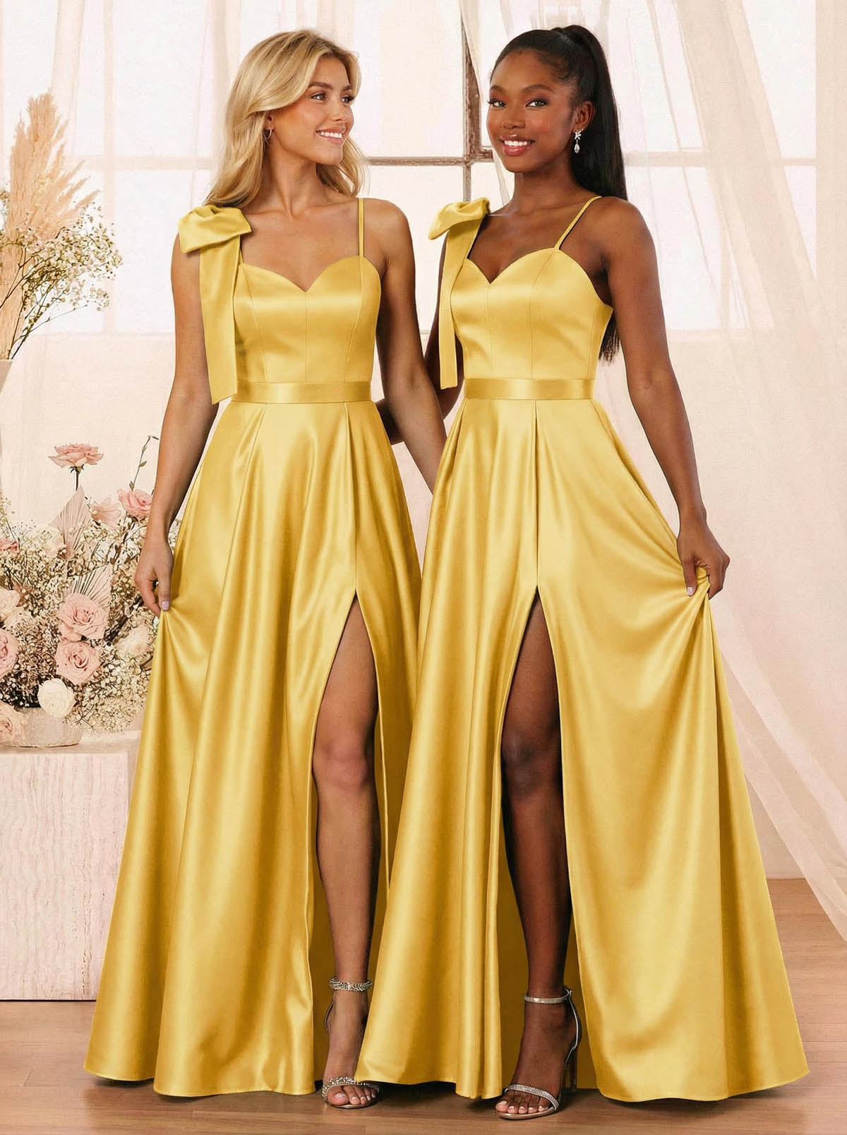 A-Line Sweetheart Floor-Length Satin Bridesmaid Dresses With Bow(s)/High Split, product image 28