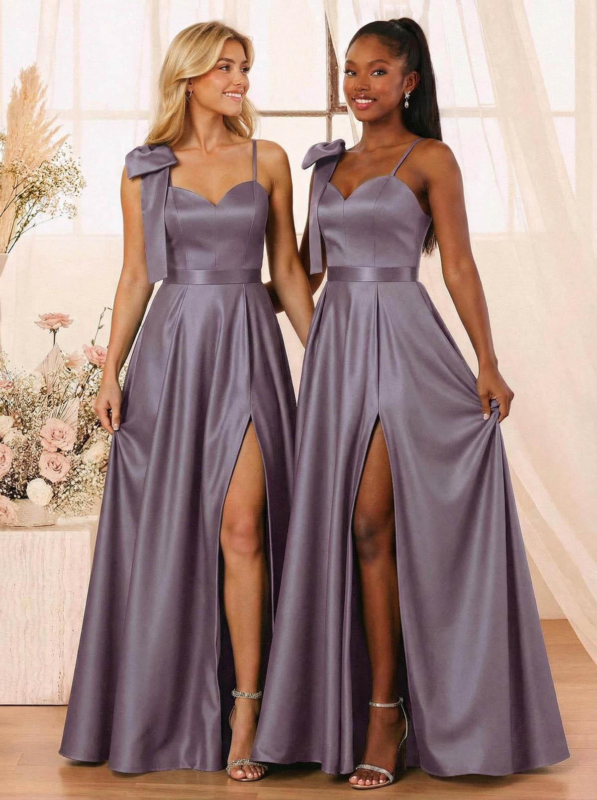 A-Line Sweetheart Floor-Length Satin Bridesmaid Dresses With Bow(s)/High Split, product image 15