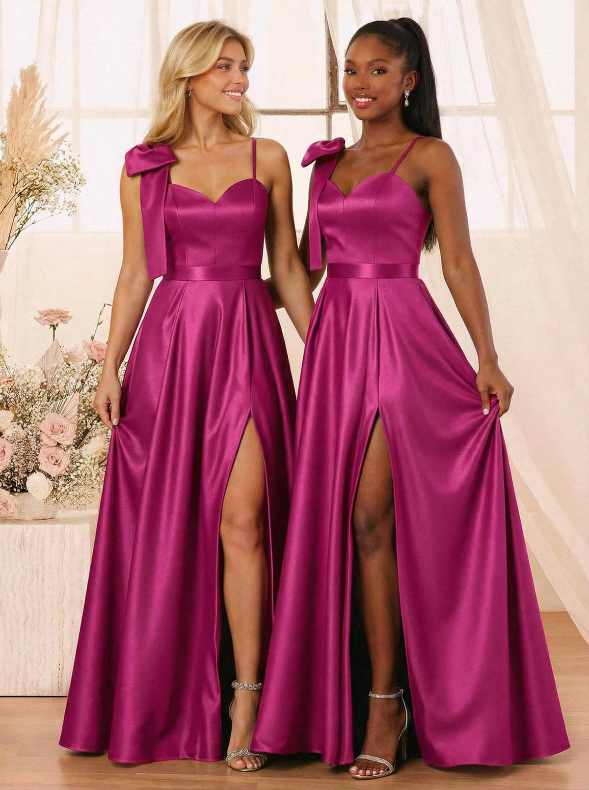 A-Line Sweetheart Floor-Length Satin Bridesmaid Dresses With Bow(s)/High Split, product image 21