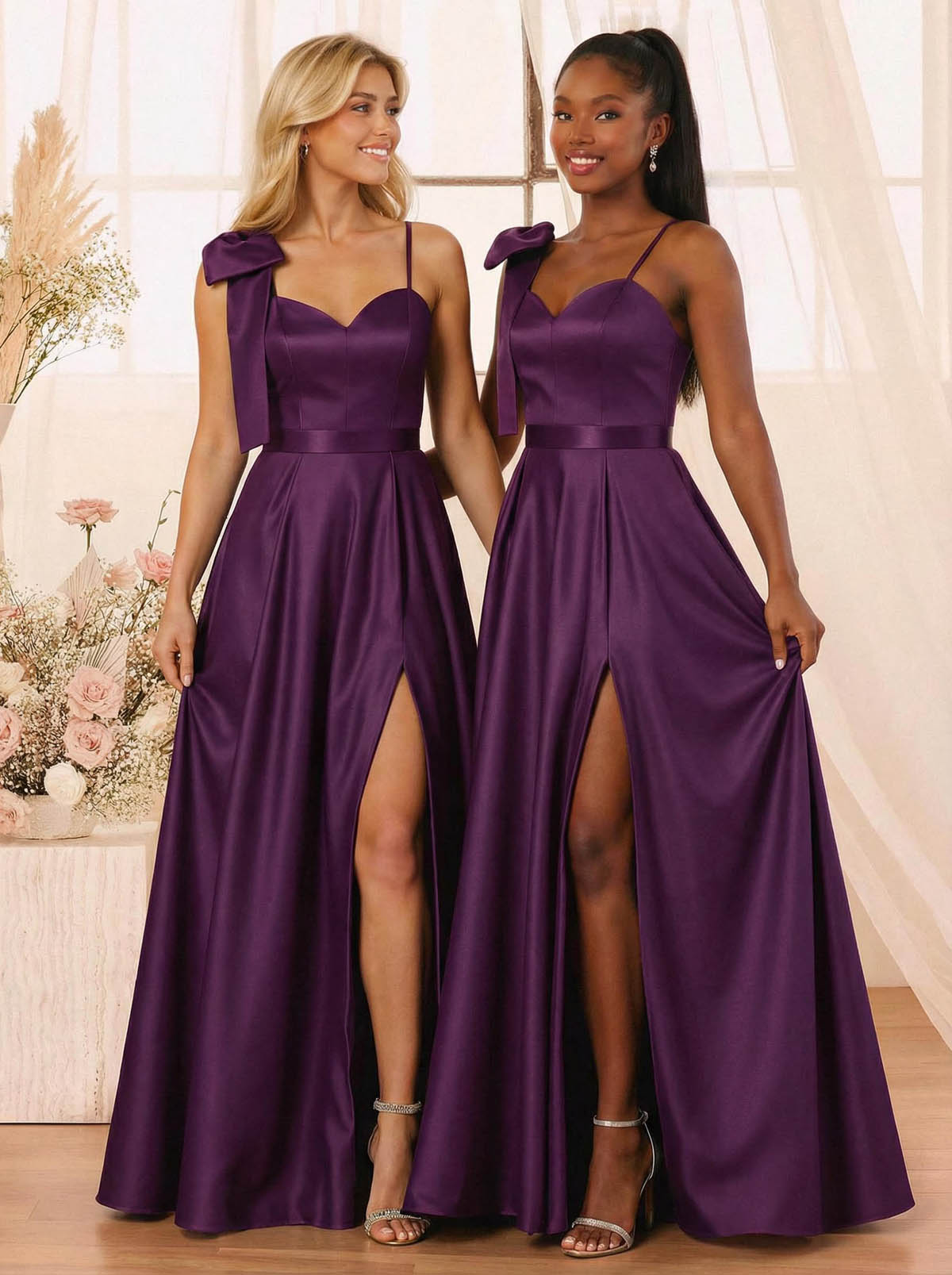 A-Line Sweetheart Floor-Length Satin Bridesmaid Dresses With Bow(s)/High Split, product image 19