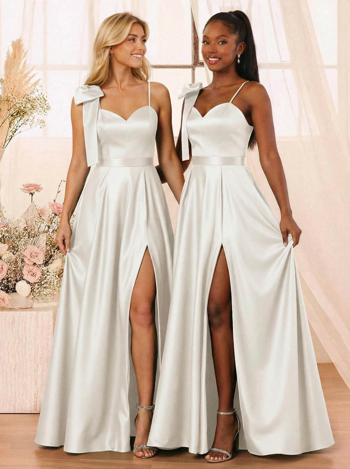 A-Line Sweetheart Floor-Length Satin Bridesmaid Dresses With Bow(s)/High Split, product image 32