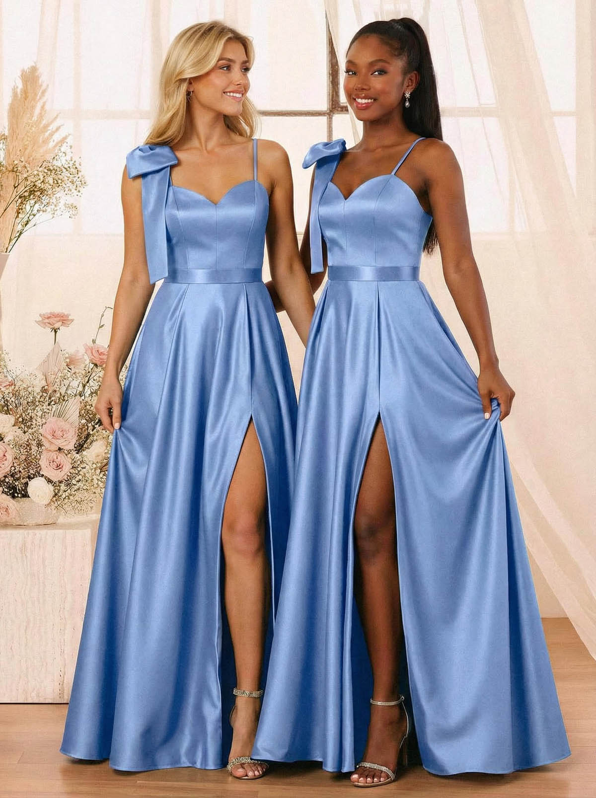 A-Line Sweetheart Floor-Length Satin Bridesmaid Dresses With Bow(s)/High Split, product image 8