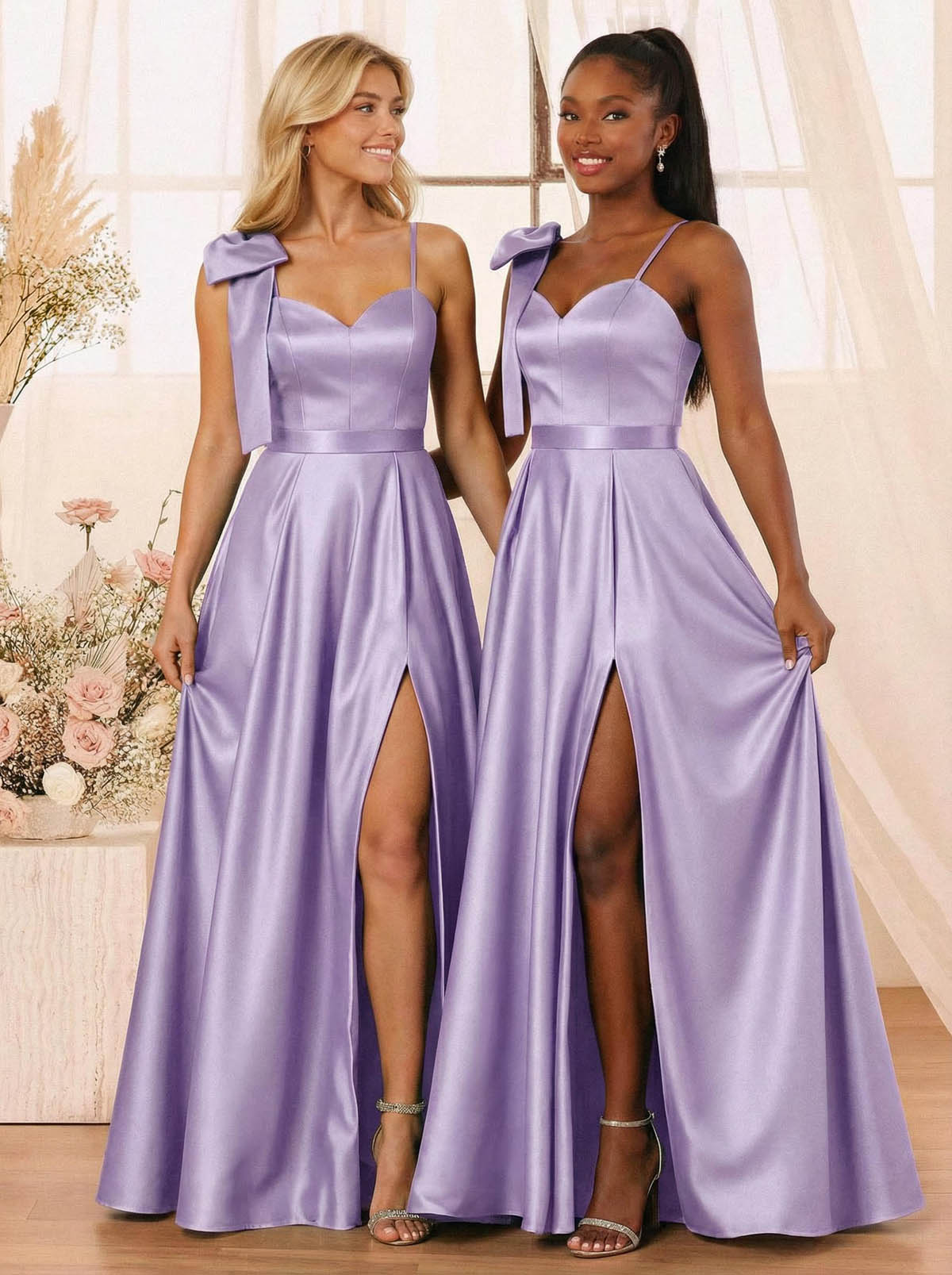 A-Line Sweetheart Floor-Length Satin Bridesmaid Dresses With Bow(s)/High Split, product image 18