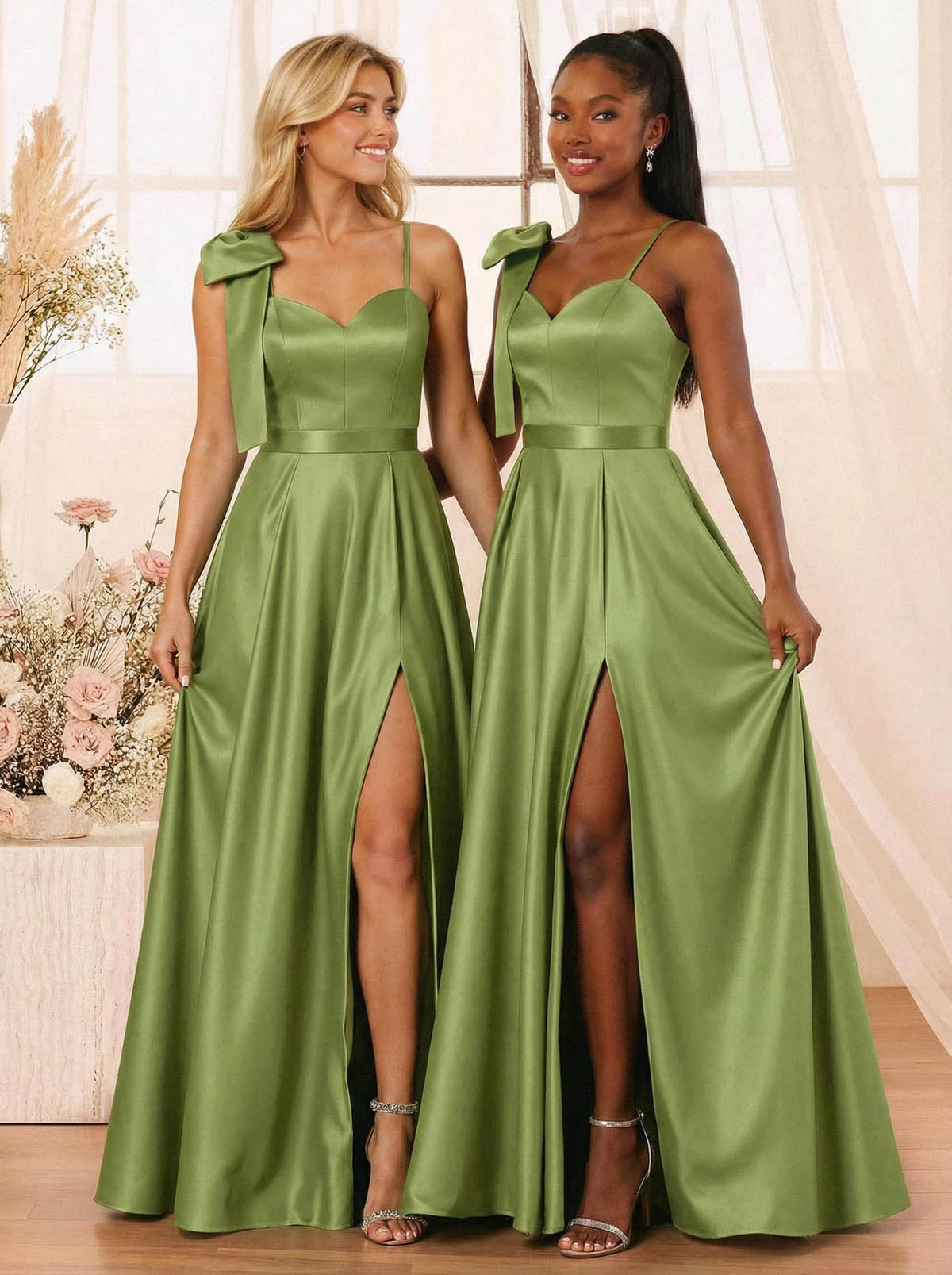 A-Line Sweetheart Floor-Length Satin Bridesmaid Dresses With Bow(s)/High Split, product image 41