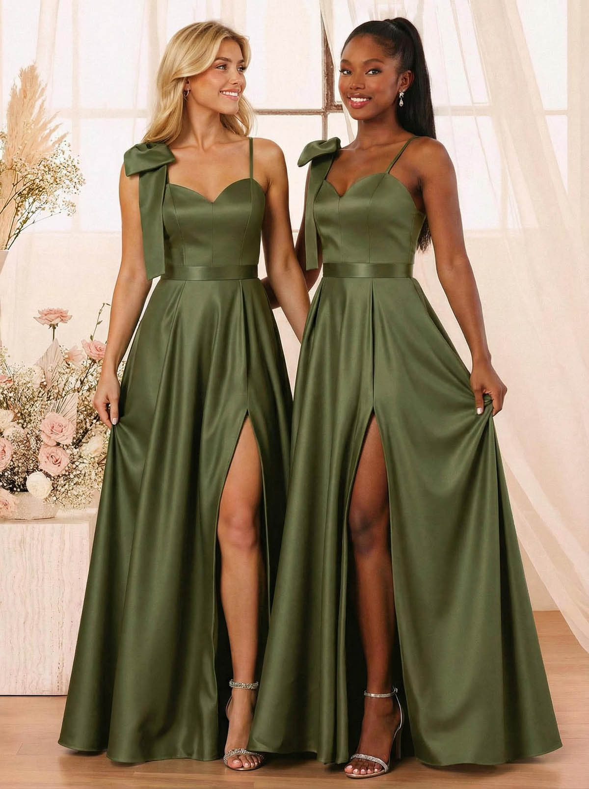 A-Line Sweetheart Floor-Length Satin Bridesmaid Dresses With Bow(s)/High Split, product image 38