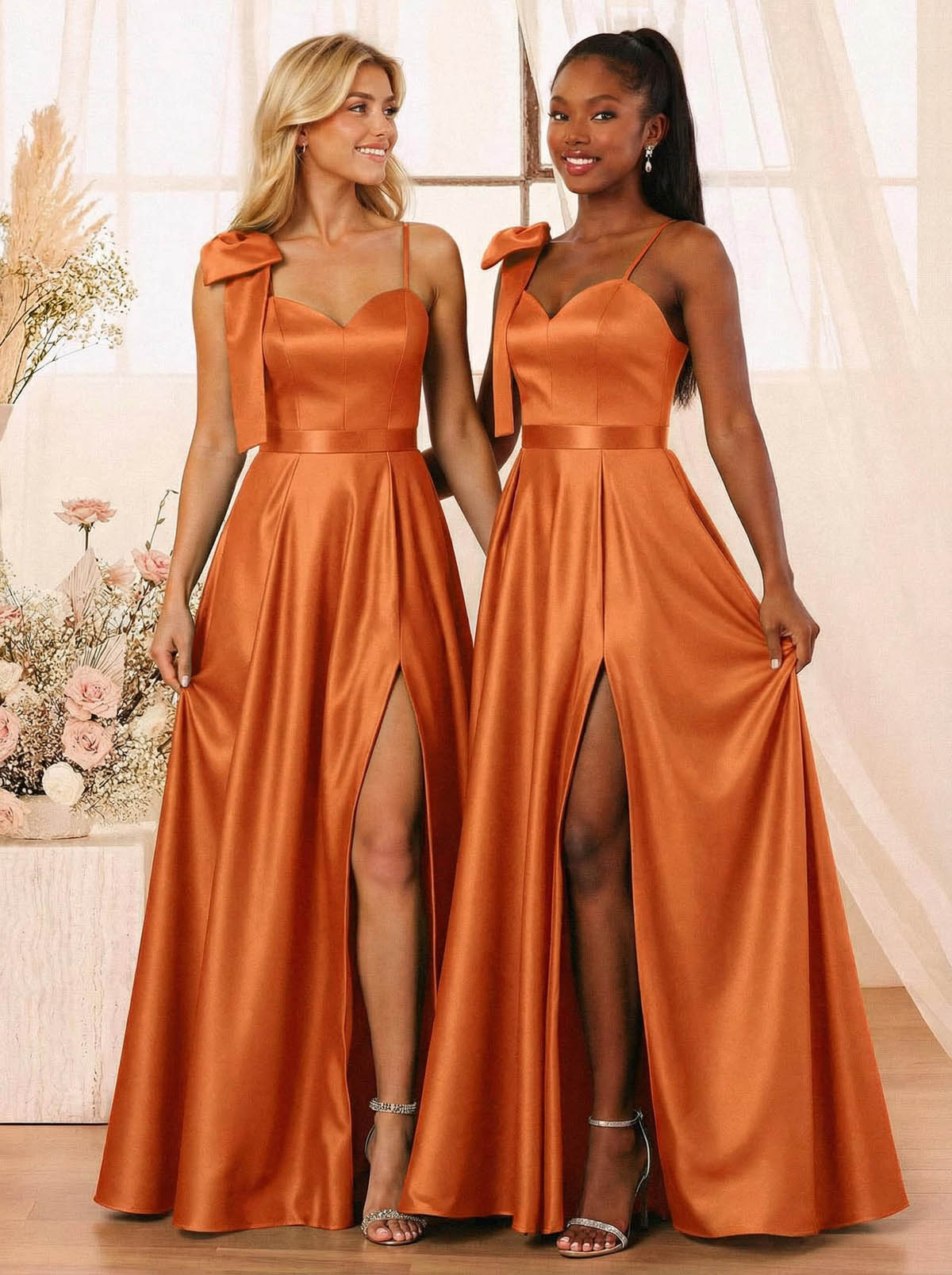 A-Line Sweetheart Floor-Length Satin Bridesmaid Dresses With Bow(s)/High Split, product image 29