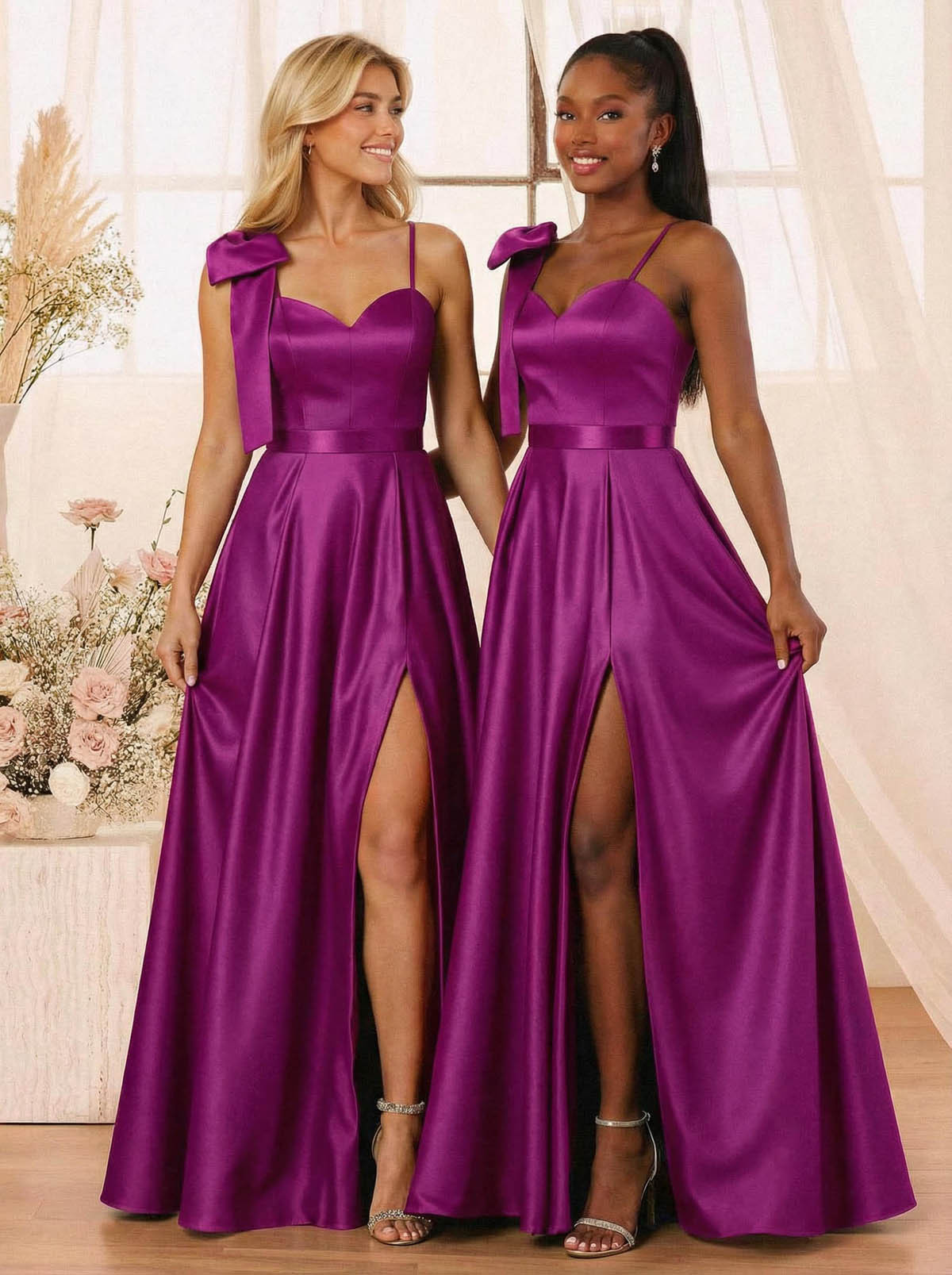 A-Line Sweetheart Floor-Length Satin Bridesmaid Dresses With Bow(s)/High Split, product image 20