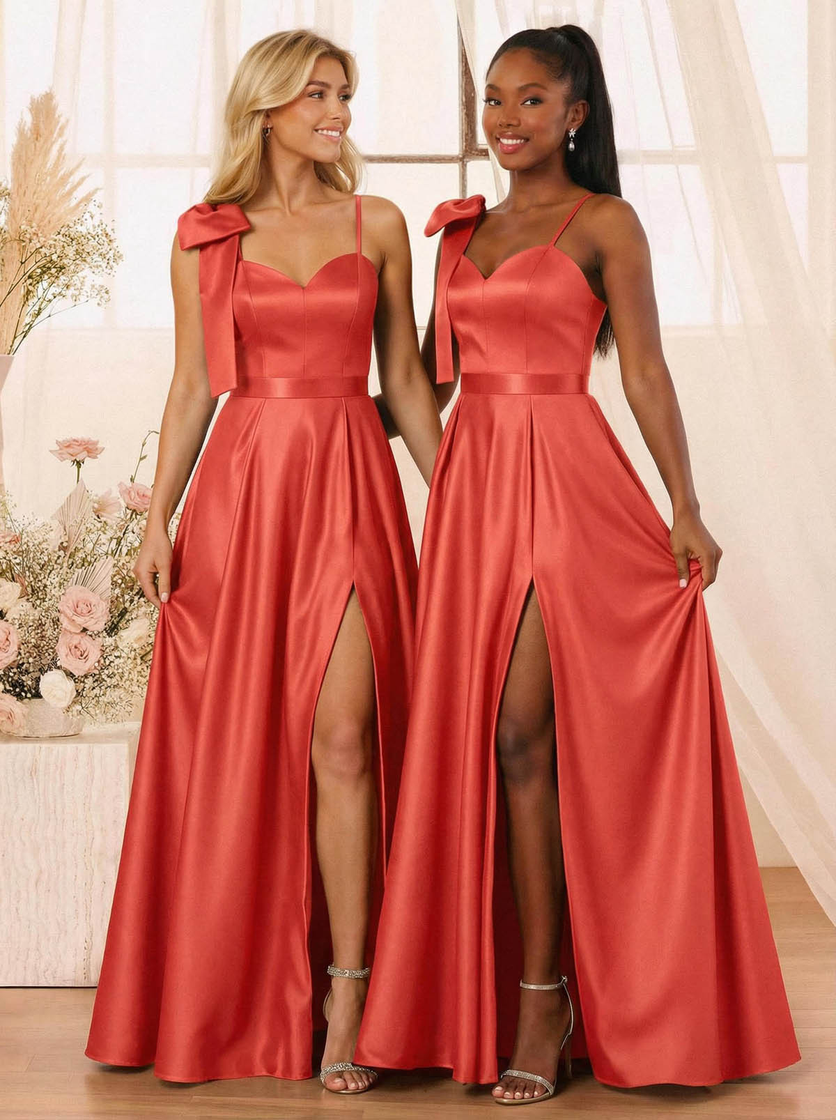 A-Line Sweetheart Floor-Length Satin Bridesmaid Dresses With Bow(s)/High Split, product image 30