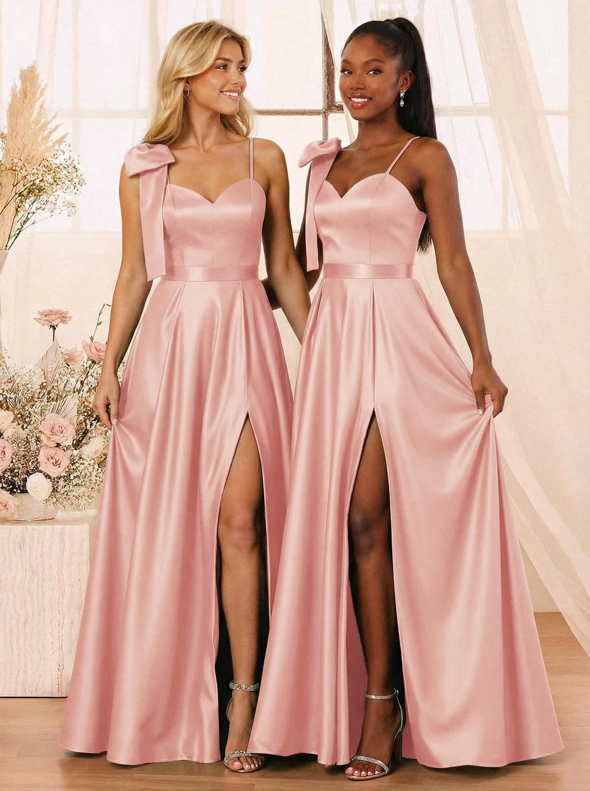 A-Line Sweetheart Floor-Length Satin Bridesmaid Dresses With Bow(s)/High Split, product image 13