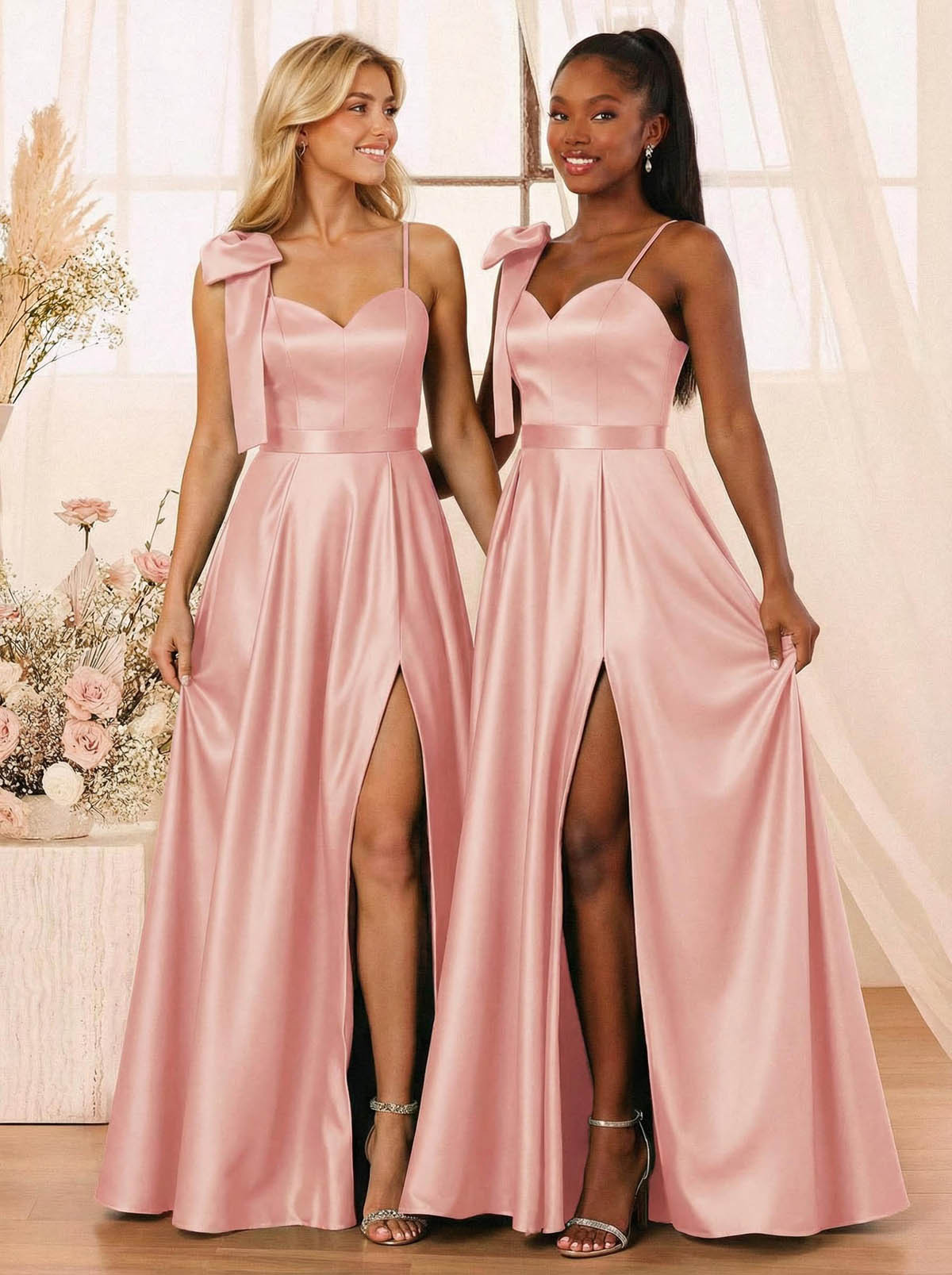 A-Line Sweetheart Floor-Length Satin Bridesmaid Dresses With Bow(s)/High Split, product image 13