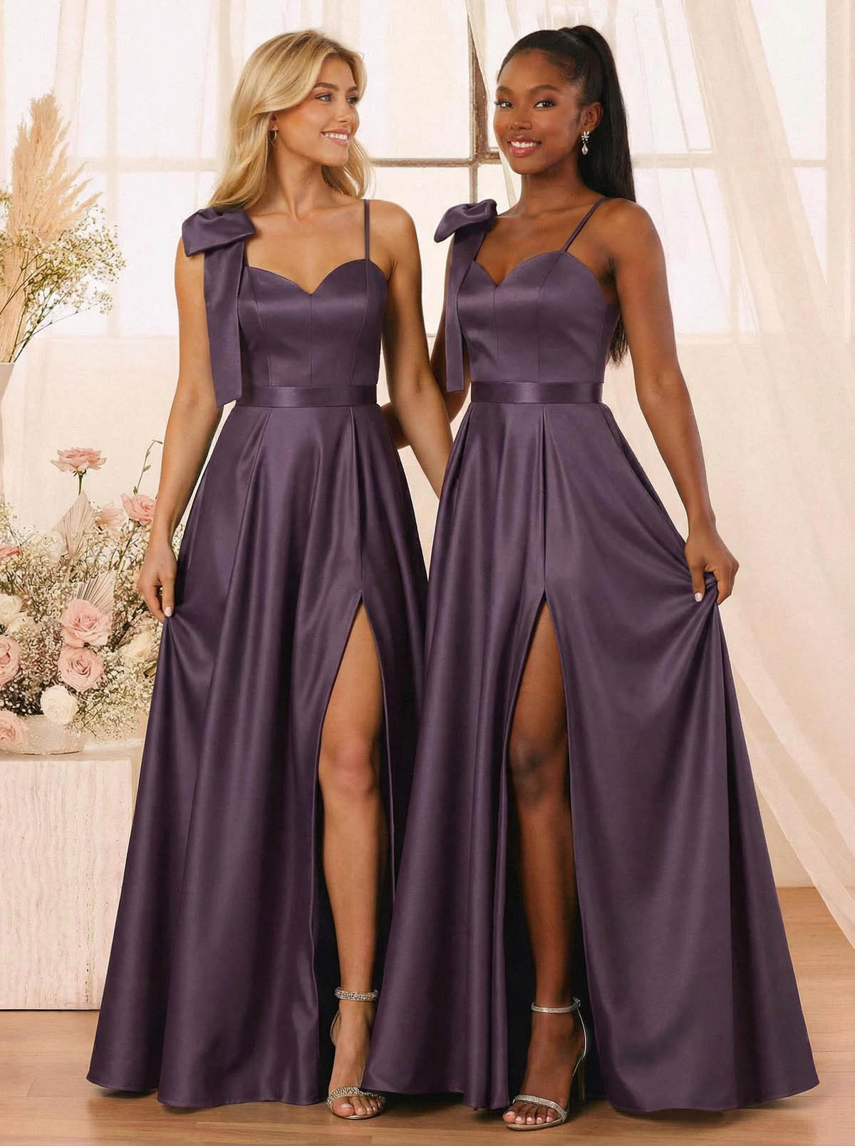 A-Line Sweetheart Floor-Length Satin Bridesmaid Dresses With Bow(s)/High Split, product image 37
