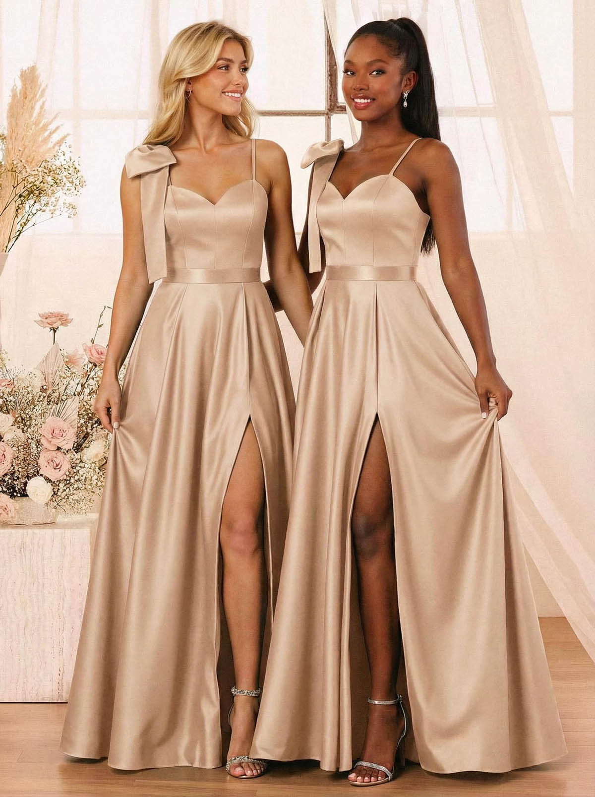 A-Line Sweetheart Floor-Length Satin Bridesmaid Dresses With Bow(s)/High Split, product image 40