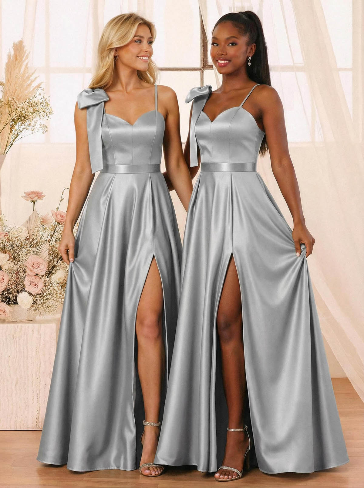 A-Line Sweetheart Floor-Length Satin Bridesmaid Dresses With Bow(s)/High Split, product image 34