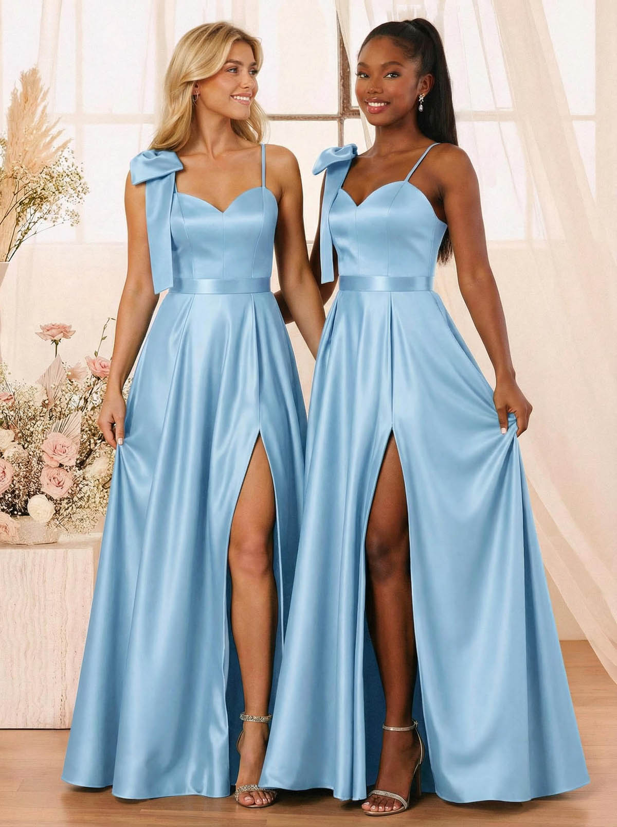 A-Line Sweetheart Floor-Length Satin Bridesmaid Dresses With Bow(s)/High Split, product image 9