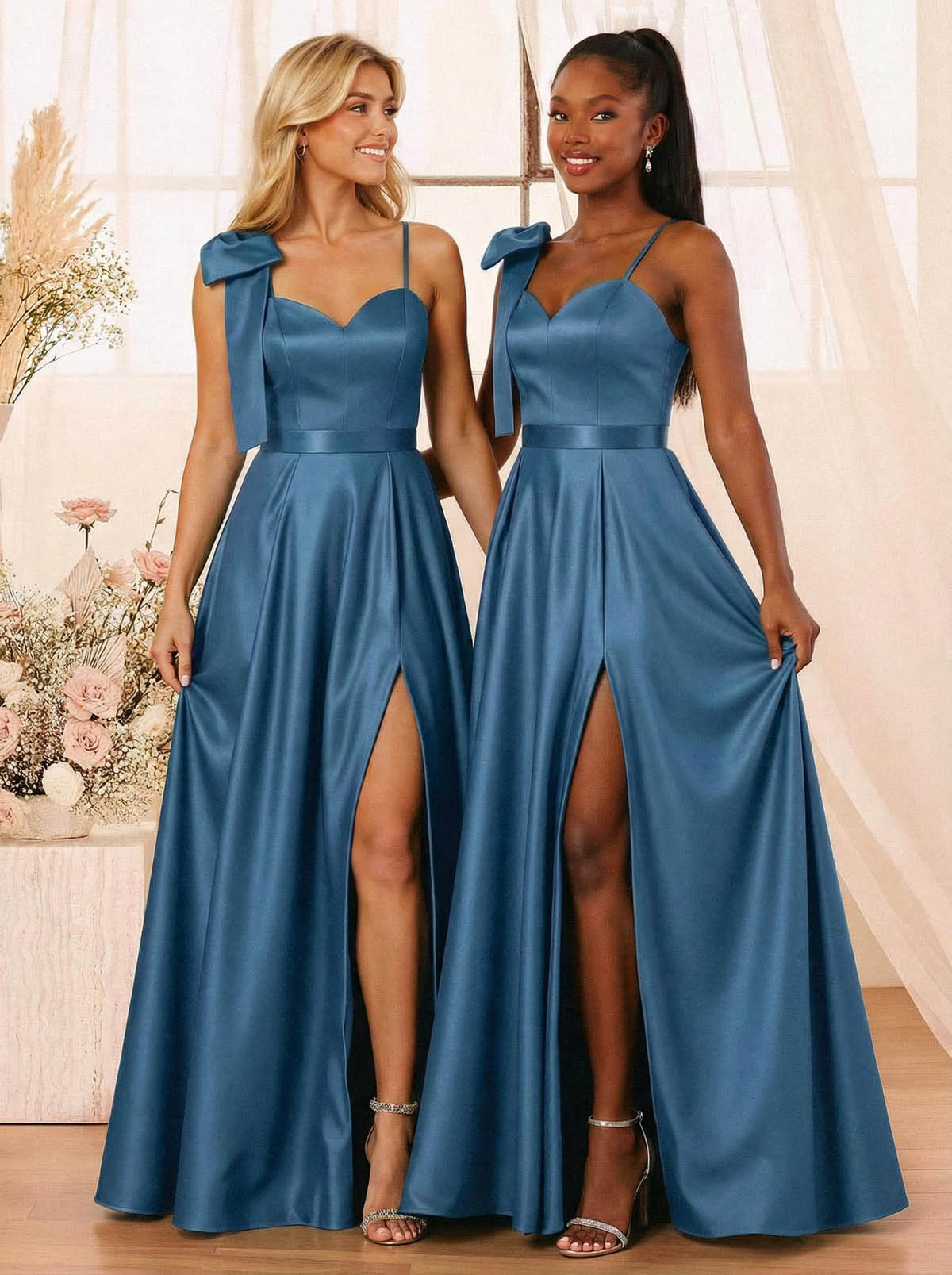 A-Line Sweetheart Floor-Length Satin Bridesmaid Dresses With Bow(s)/High Split, product image 4