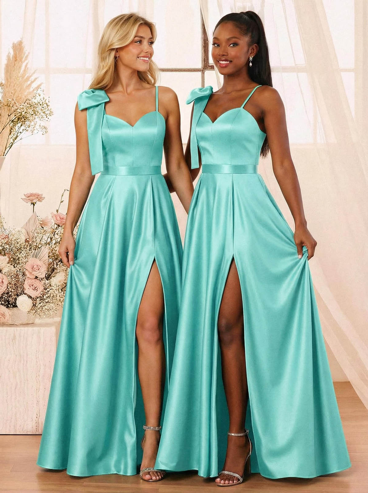 A-Line Sweetheart Floor-Length Satin Bridesmaid Dresses With Bow(s)/High Split, product image 26