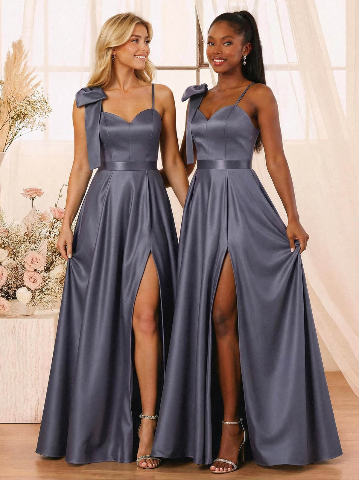 A-Line Sweetheart Floor-Length Satin Bridesmaid Dresses With Bow(s)/High Split, product image 5
