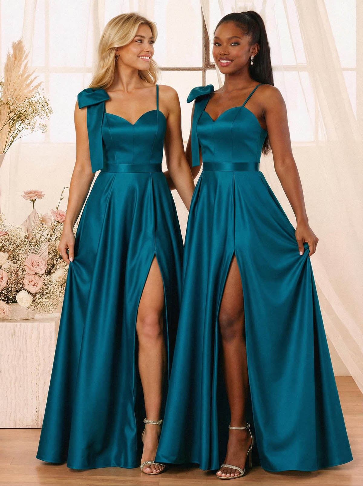 A-Line Sweetheart Floor-Length Satin Bridesmaid Dresses With Bow(s)/High Split, product image 43