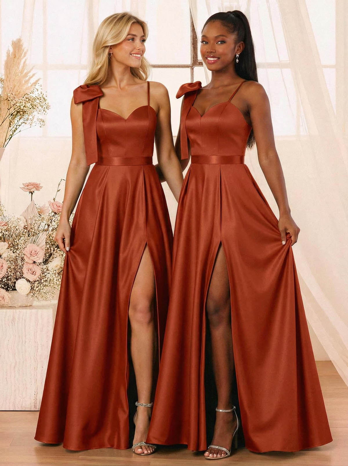 A-Line Sweetheart Floor-Length Satin Bridesmaid Dresses With Bow(s)/High Split, product image 42