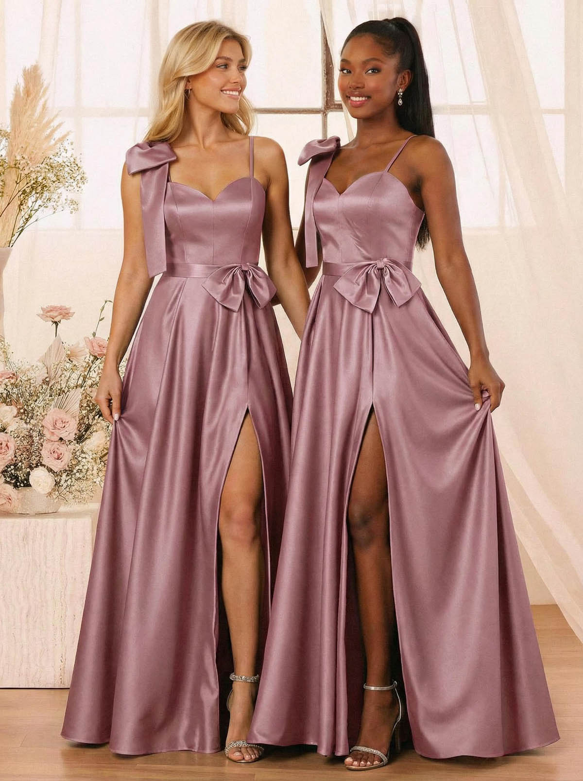 A-Line Sweetheart Floor-Length Satin Bridesmaid Dresses With Bow(s)/High Split, product image 17