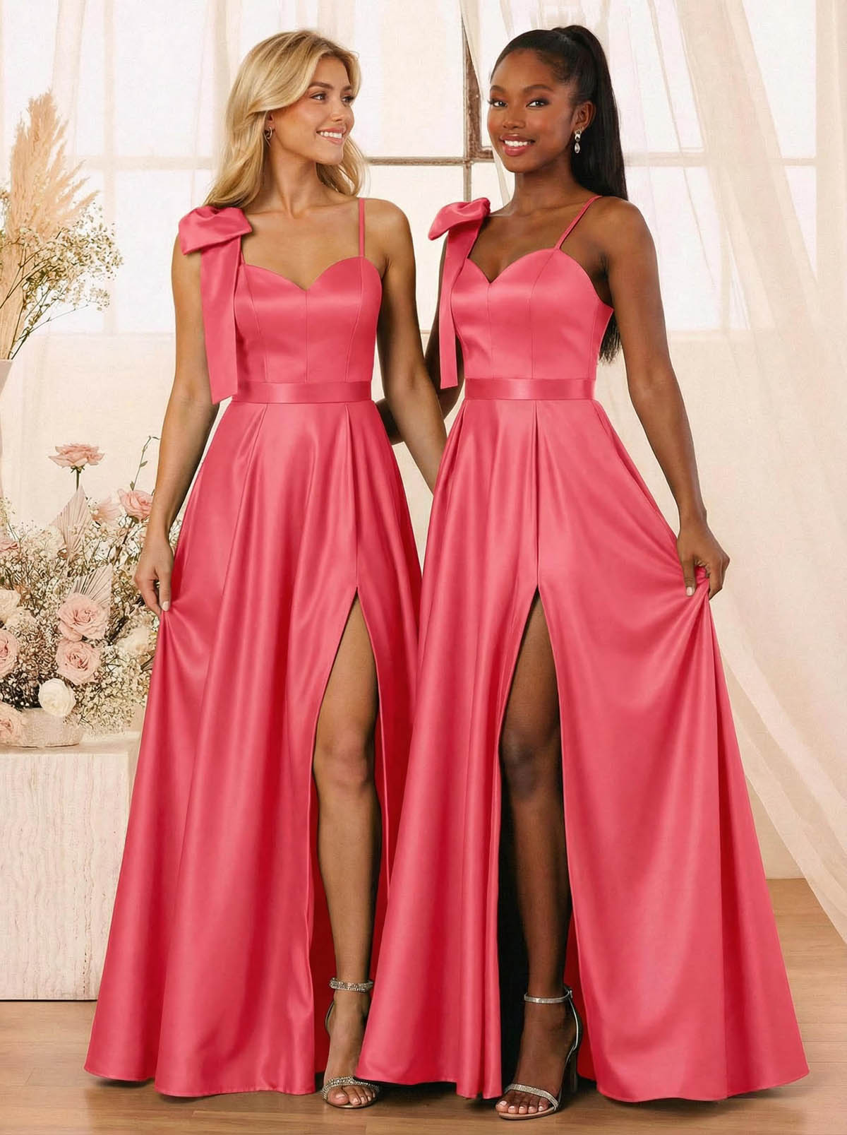 A-Line Sweetheart Floor-Length Satin Bridesmaid Dresses With Bow(s)/High Split, product image 12