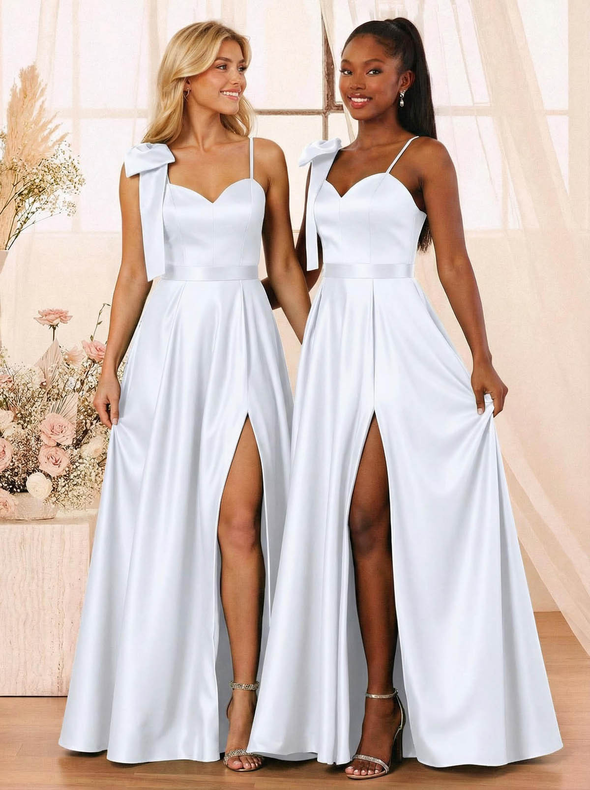 A-Line Sweetheart Floor-Length Satin Bridesmaid Dresses With Bow(s)/High Split, product image 33