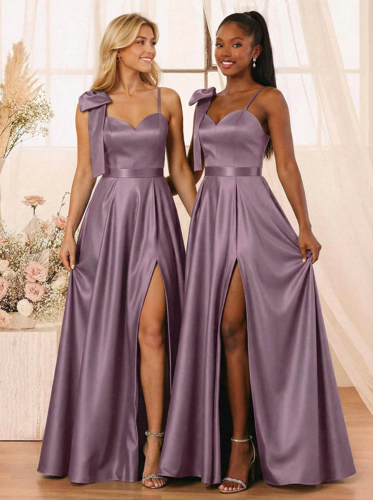 A-Line Sweetheart Floor-Length Satin Bridesmaid Dresses With Bow(s)/High Split, product image 16