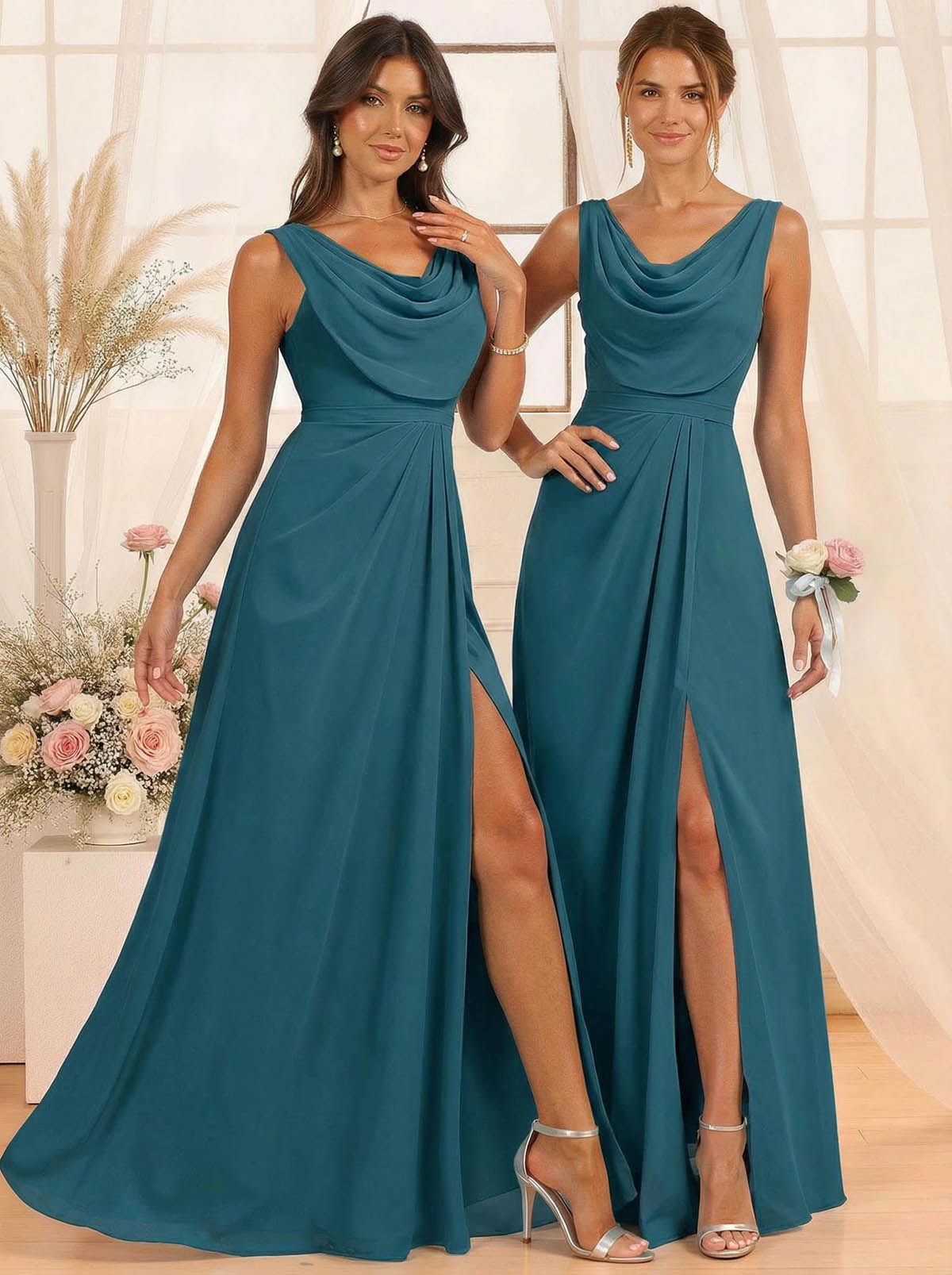 A-Line Cowl Neck Floor-Length Chiffon Bridesmaid Dresses With Split Front