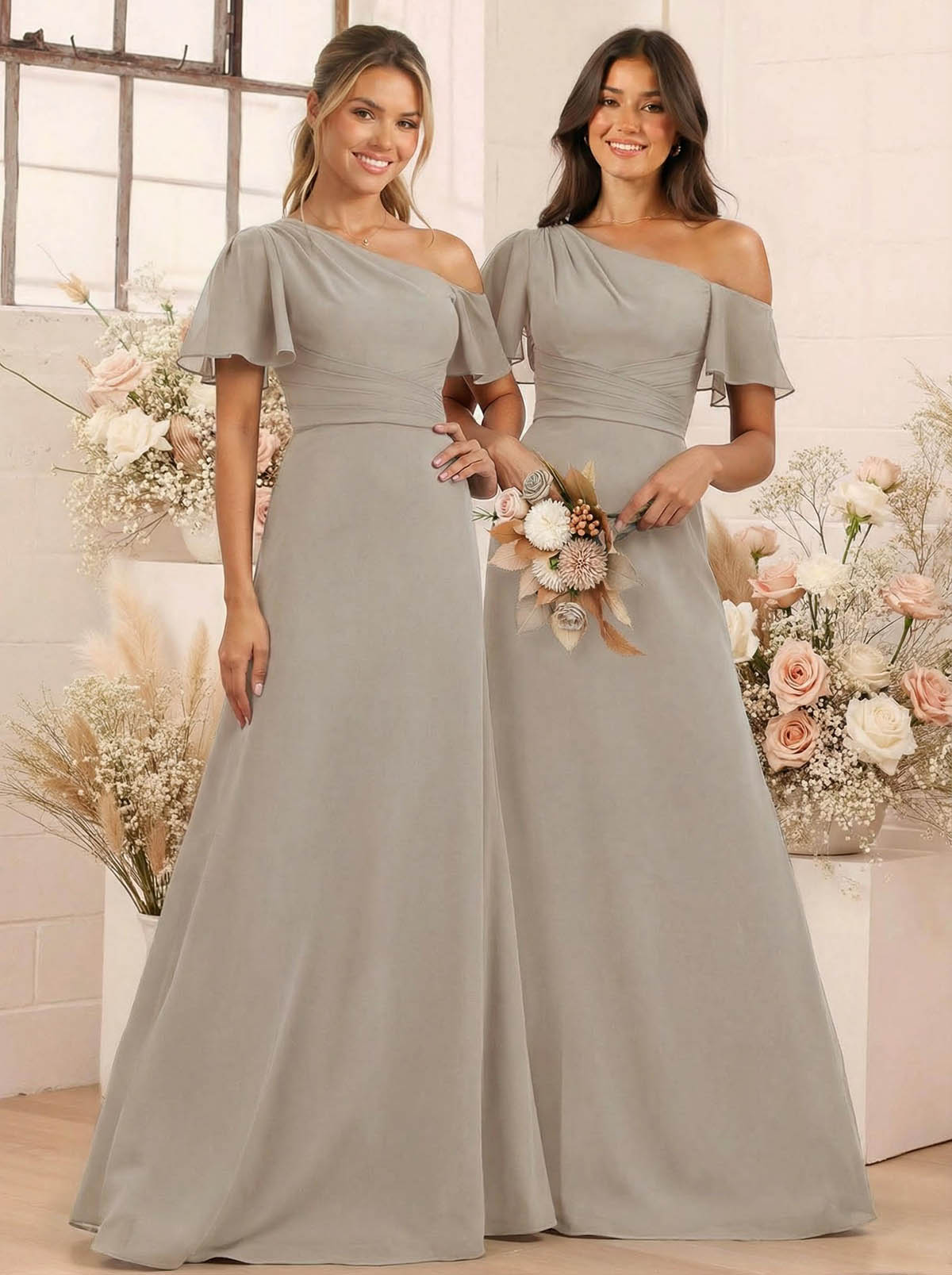 A-Line One-Shoulder Short Sleeves Floor-Length Chiffon Bridesmaid Dresses, product image 79