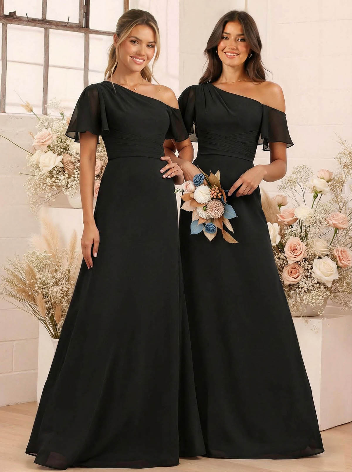 A-Line One-Shoulder Short Sleeves Floor-Length Chiffon Bridesmaid Dresses, product image 76