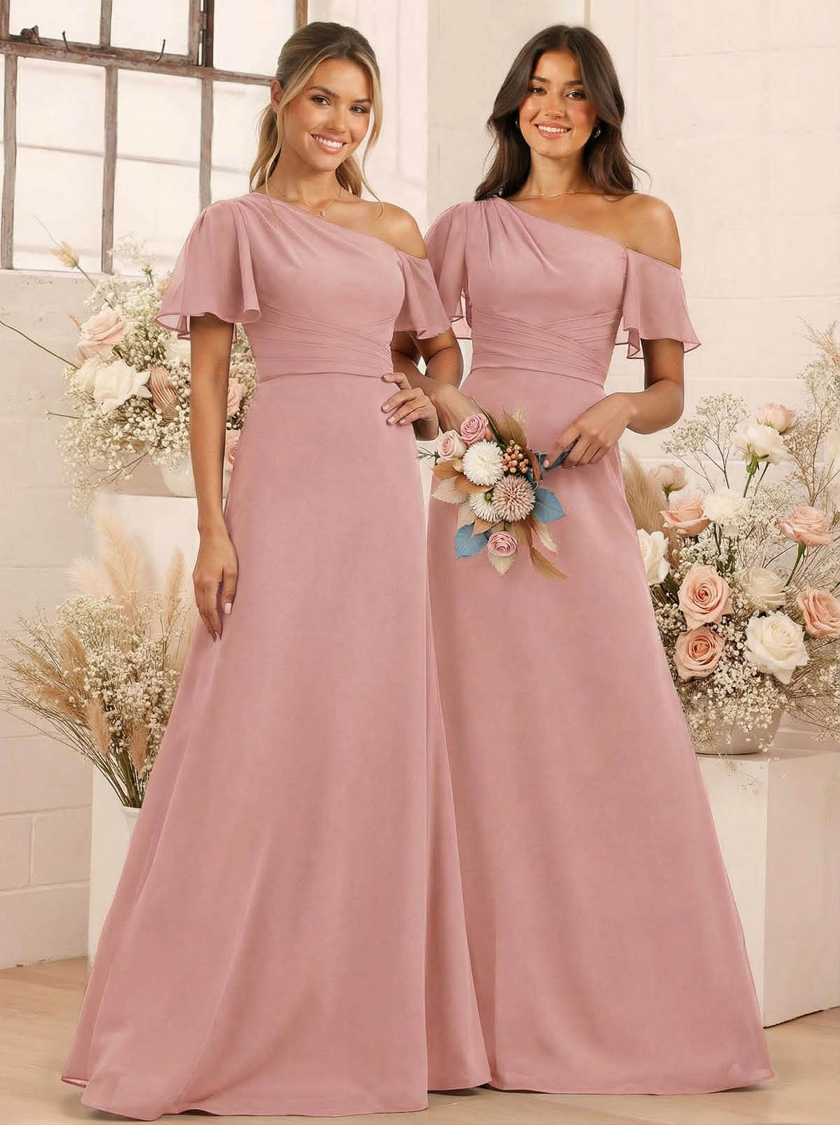 A-Line One-Shoulder Short Sleeves Floor-Length Chiffon Bridesmaid Dresses, product image 30
