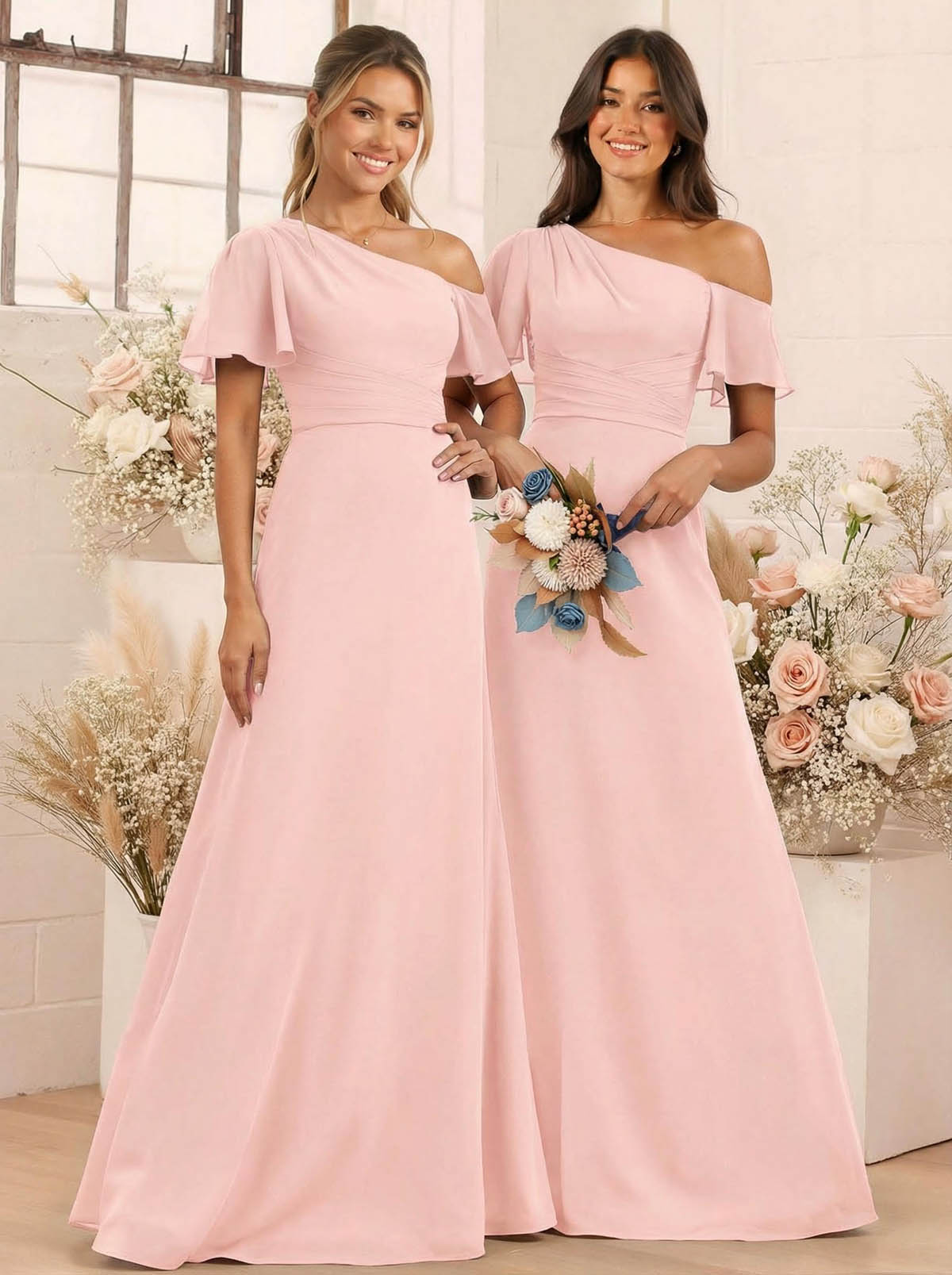 A-Line One-Shoulder Short Sleeves Floor-Length Chiffon Bridesmaid Dresses, product image 33