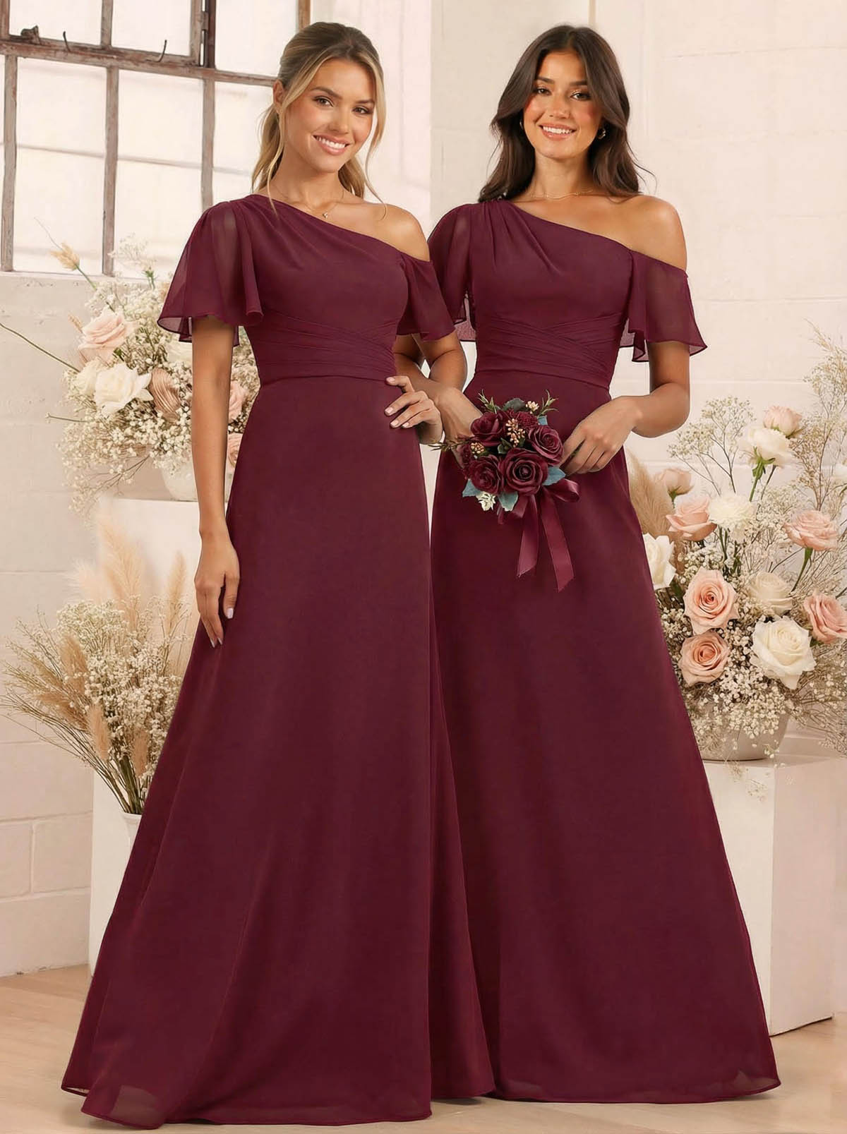 A-Line One-Shoulder Short Sleeves Floor-Length Chiffon Bridesmaid Dresses, product image 20
