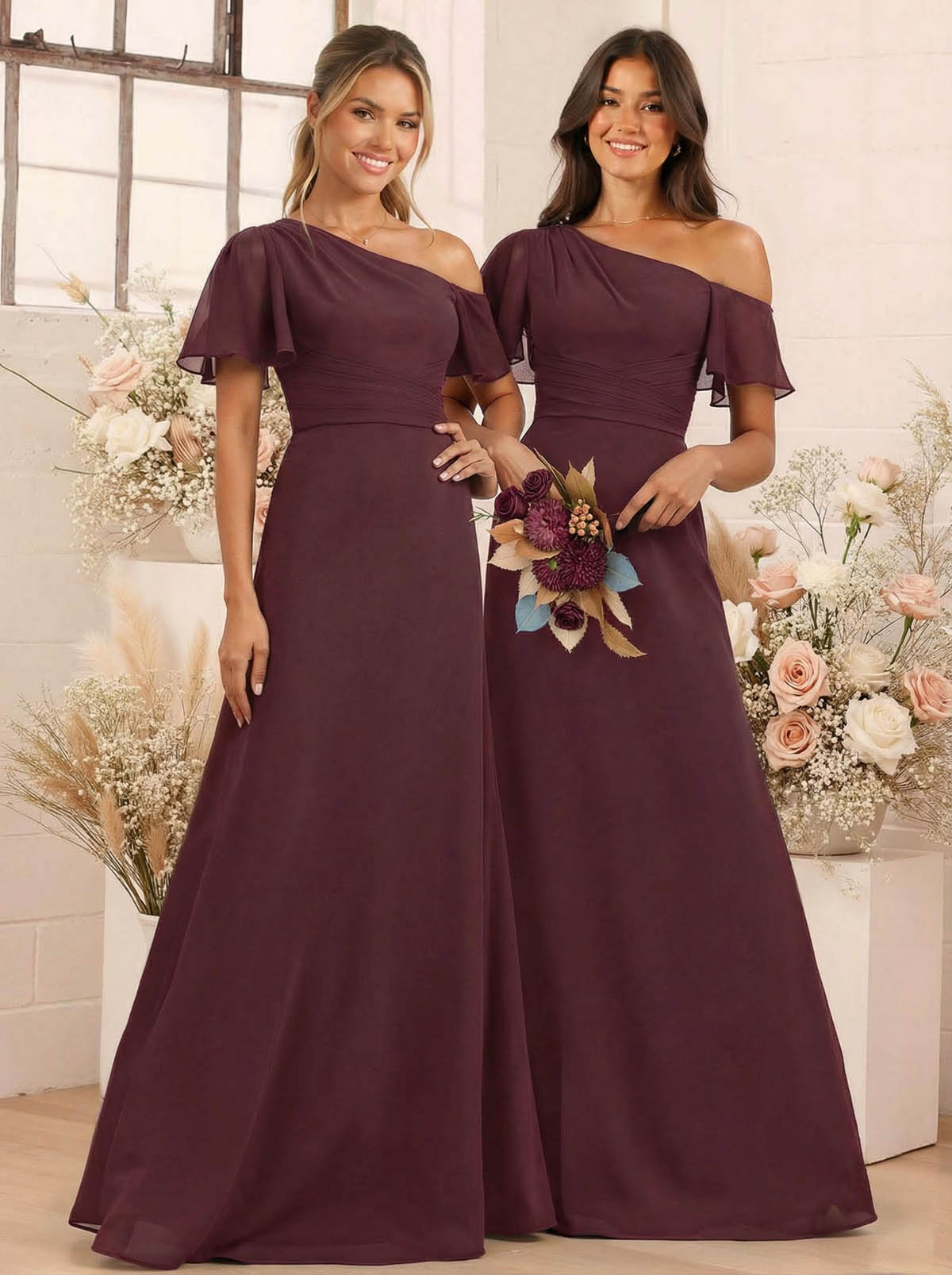 A-Line One-Shoulder Short Sleeves Floor-Length Chiffon Bridesmaid Dresses, product image 19