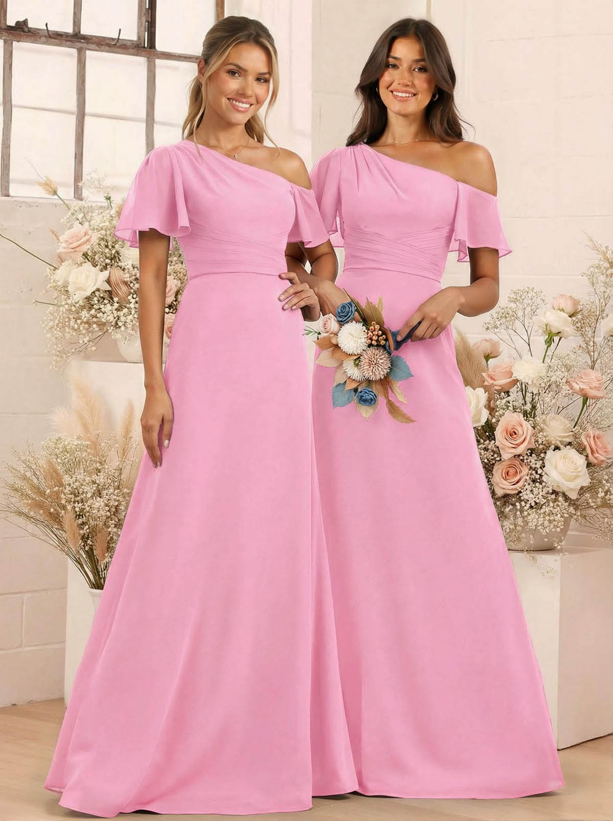 A-Line One-Shoulder Short Sleeves Floor-Length Chiffon Bridesmaid Dresses, product image 34