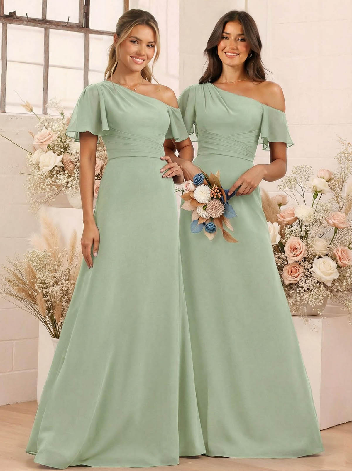 A-Line One-Shoulder Short Sleeves Floor-Length Chiffon Bridesmaid Dresses, product image 54