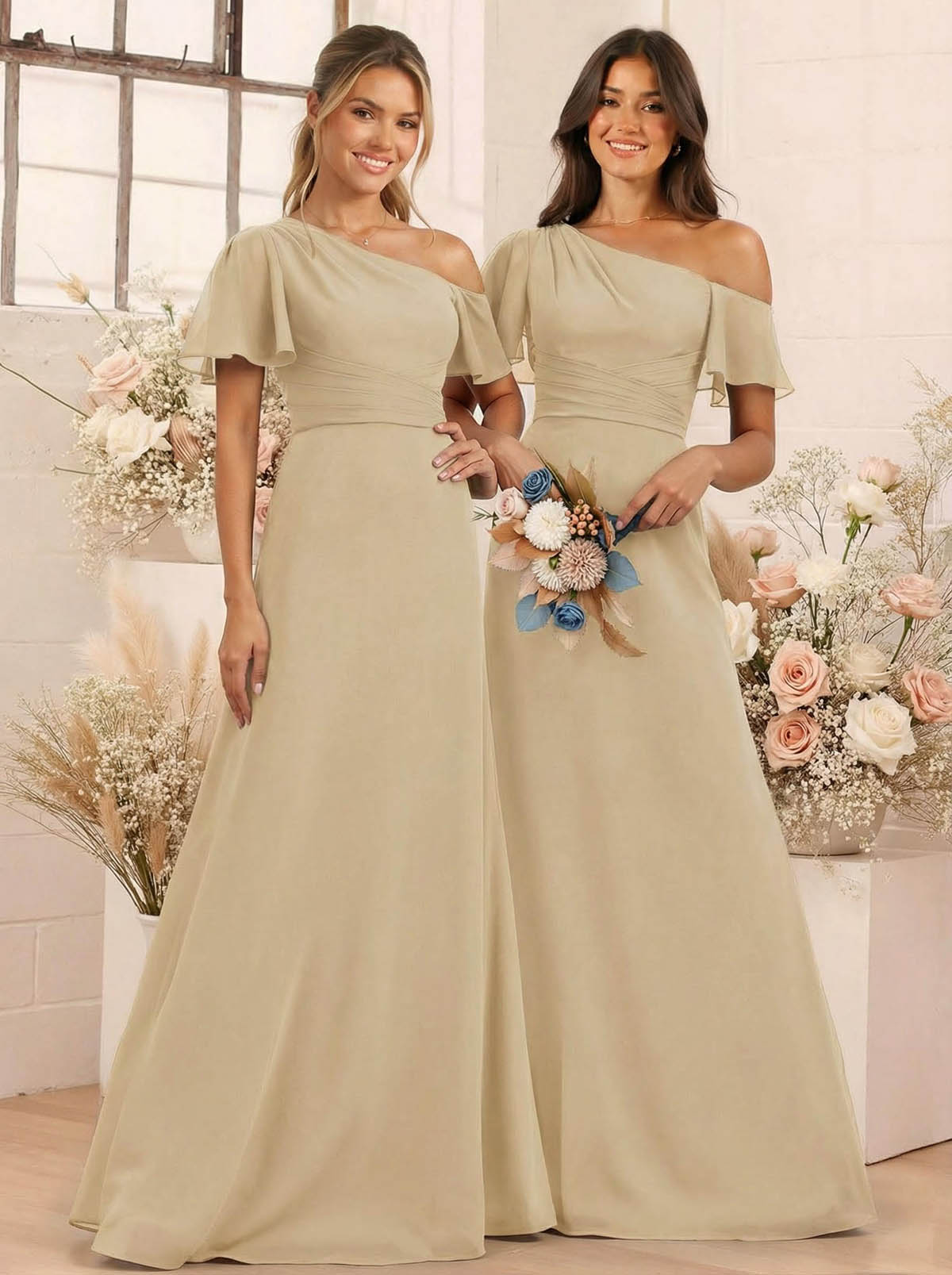 A-Line One-Shoulder Short Sleeves Floor-Length Chiffon Bridesmaid Dresses, product image 60