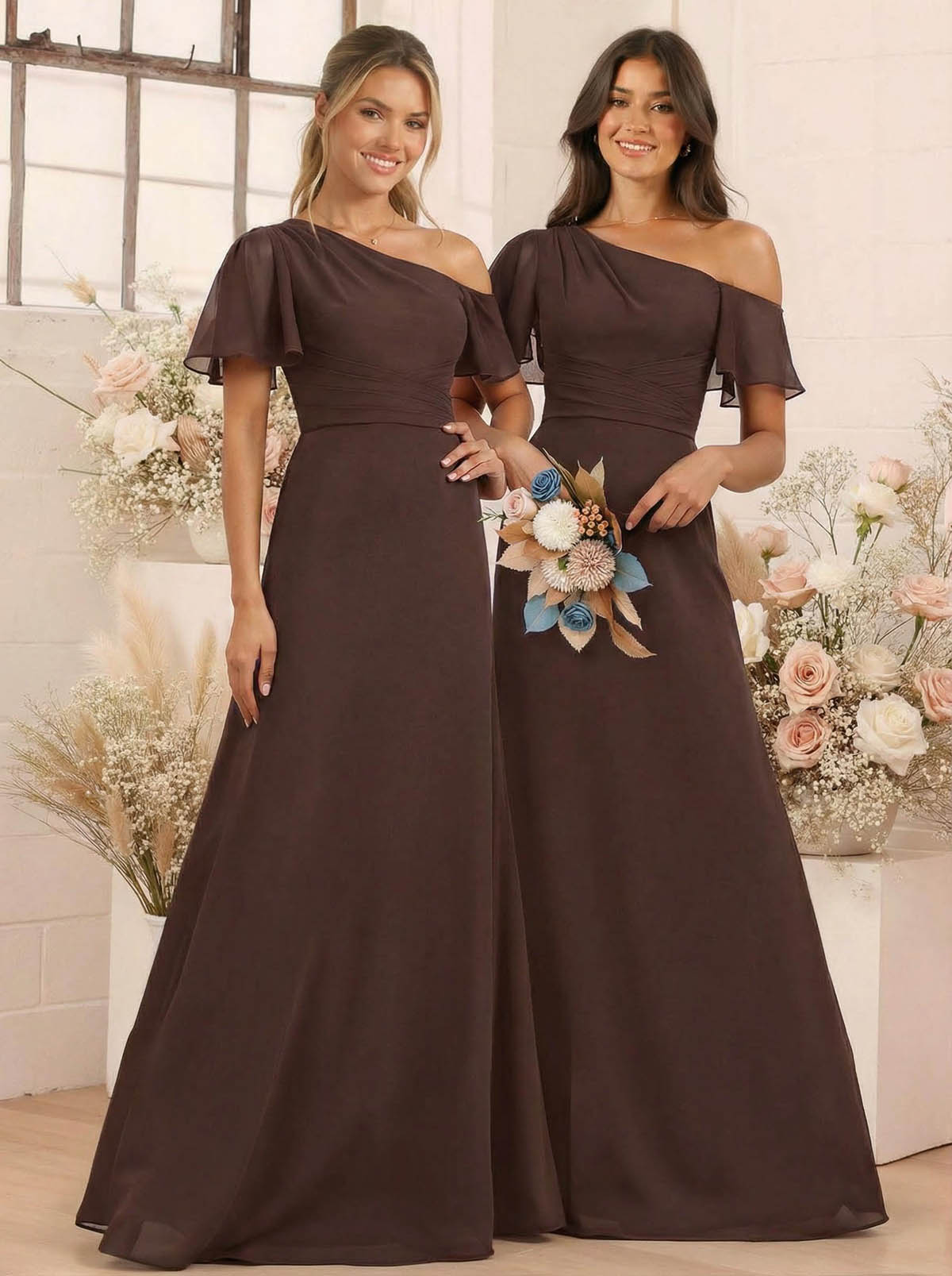 A-Line One-Shoulder Short Sleeves Floor-Length Chiffon Bridesmaid Dresses, product image 68