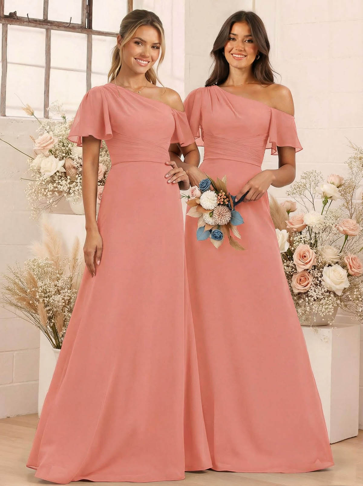 A-Line One-Shoulder Short Sleeves Floor-Length Chiffon Bridesmaid Dresses, product image 32