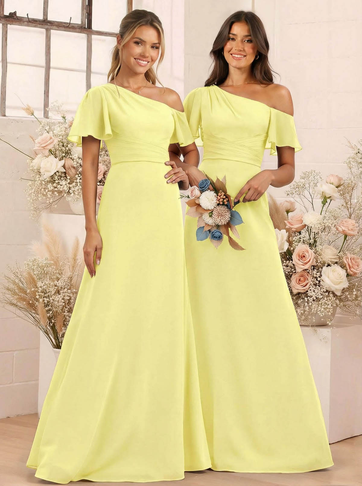 A-Line One-Shoulder Short Sleeves Floor-Length Chiffon Bridesmaid Dresses, product image 62