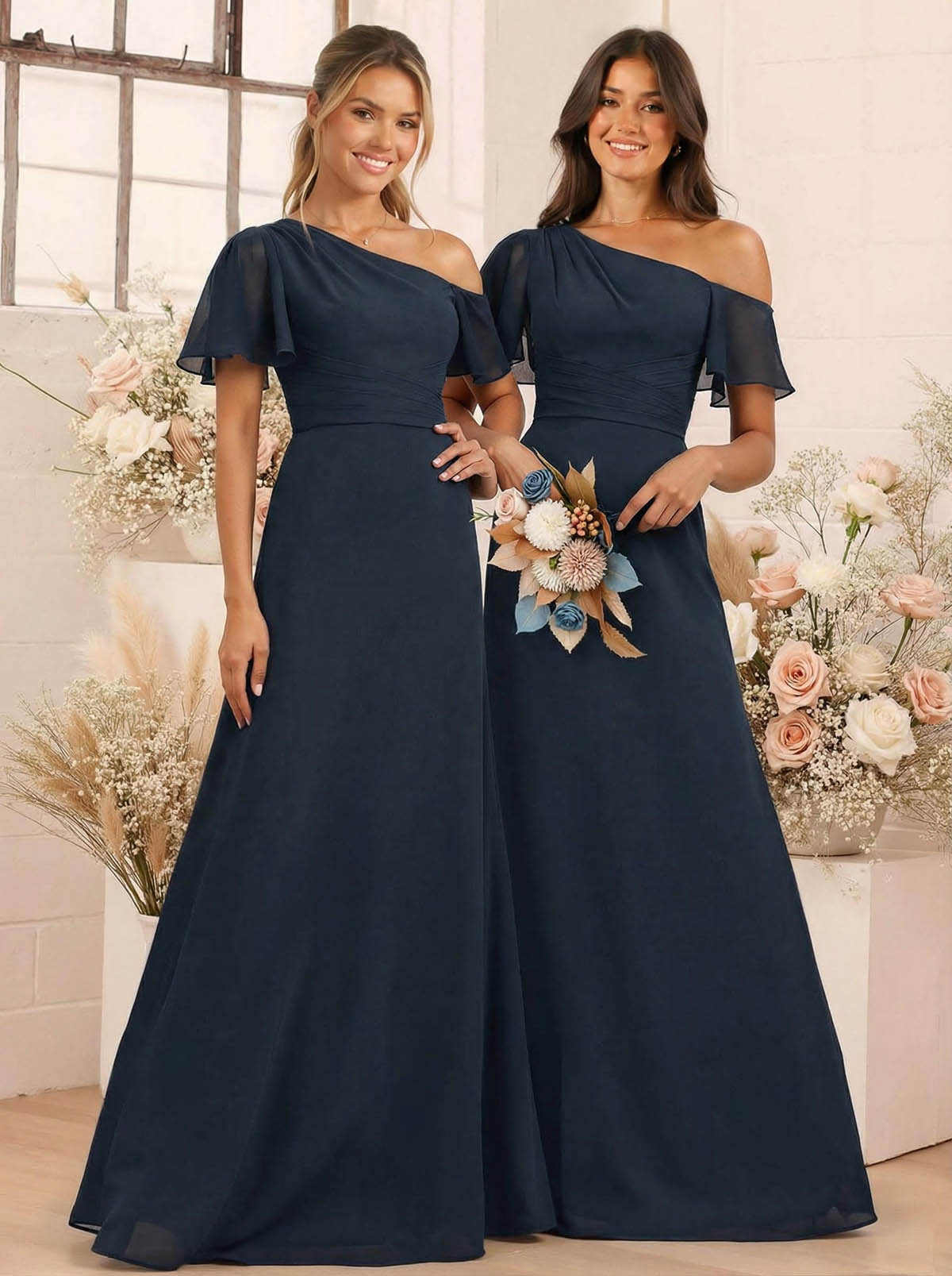 A-Line One-Shoulder Short Sleeves Floor-Length Chiffon Bridesmaid Dresses, product image 4