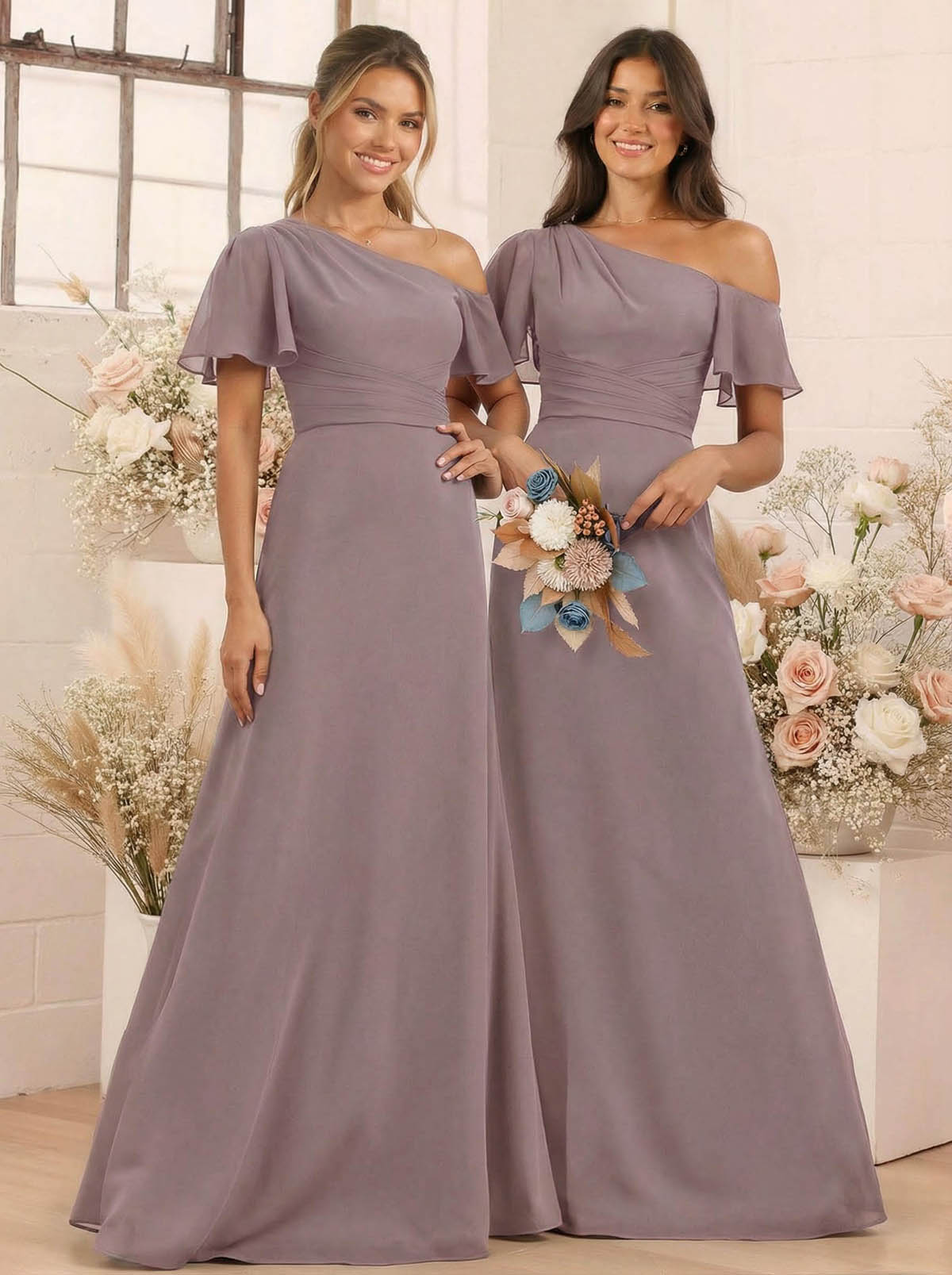 A-Line One-Shoulder Short Sleeves Floor-Length Chiffon Bridesmaid Dresses, product image 35