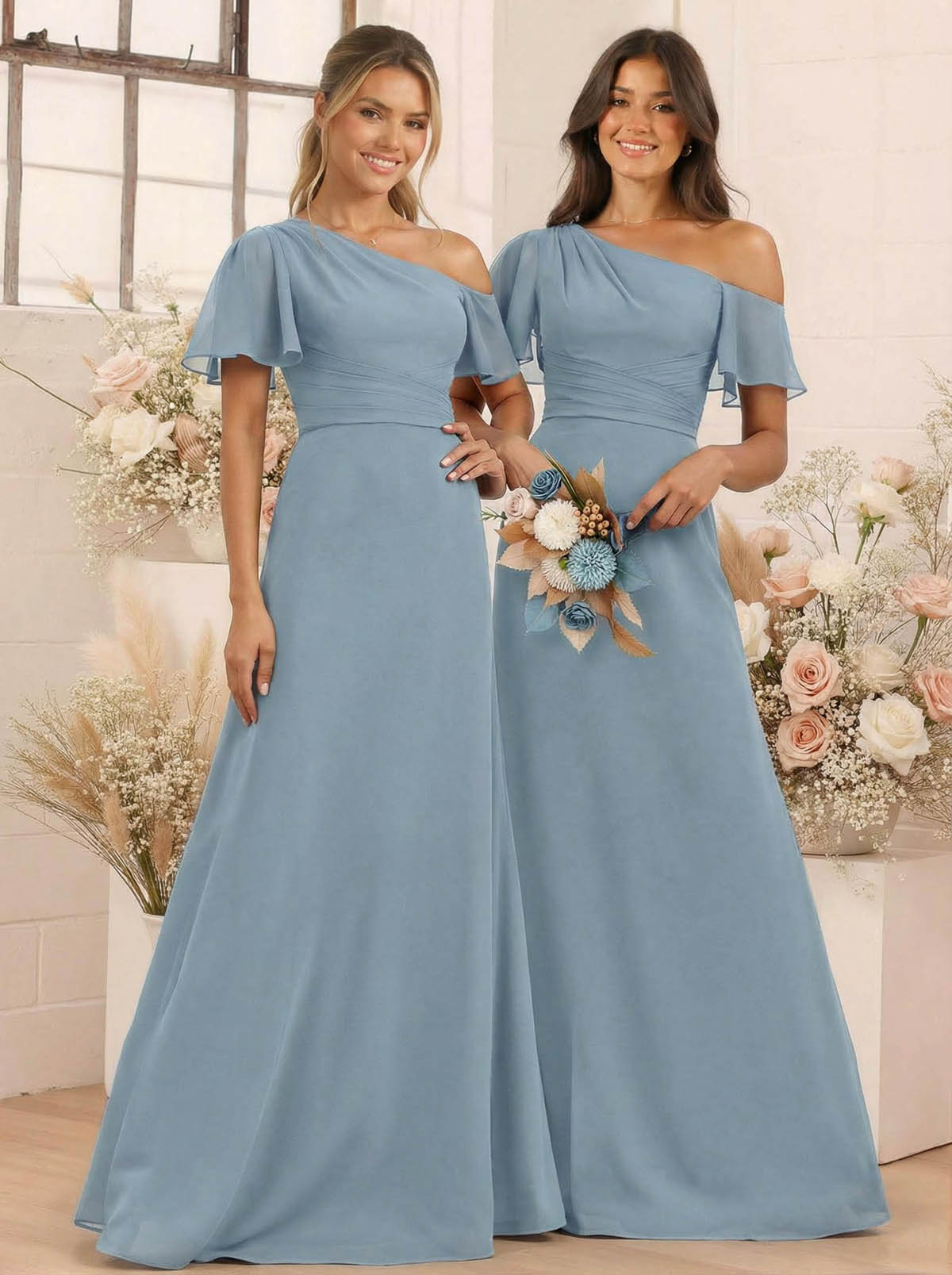 A-Line One-Shoulder Short Sleeves Floor-Length Chiffon Bridesmaid Dresses, product image 6