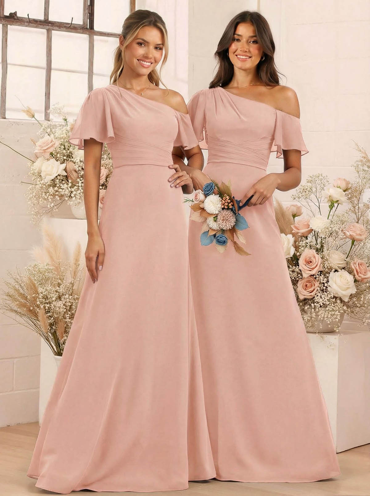 A-Line One-Shoulder Short Sleeves Floor-Length Chiffon Bridesmaid Dresses, product image 27