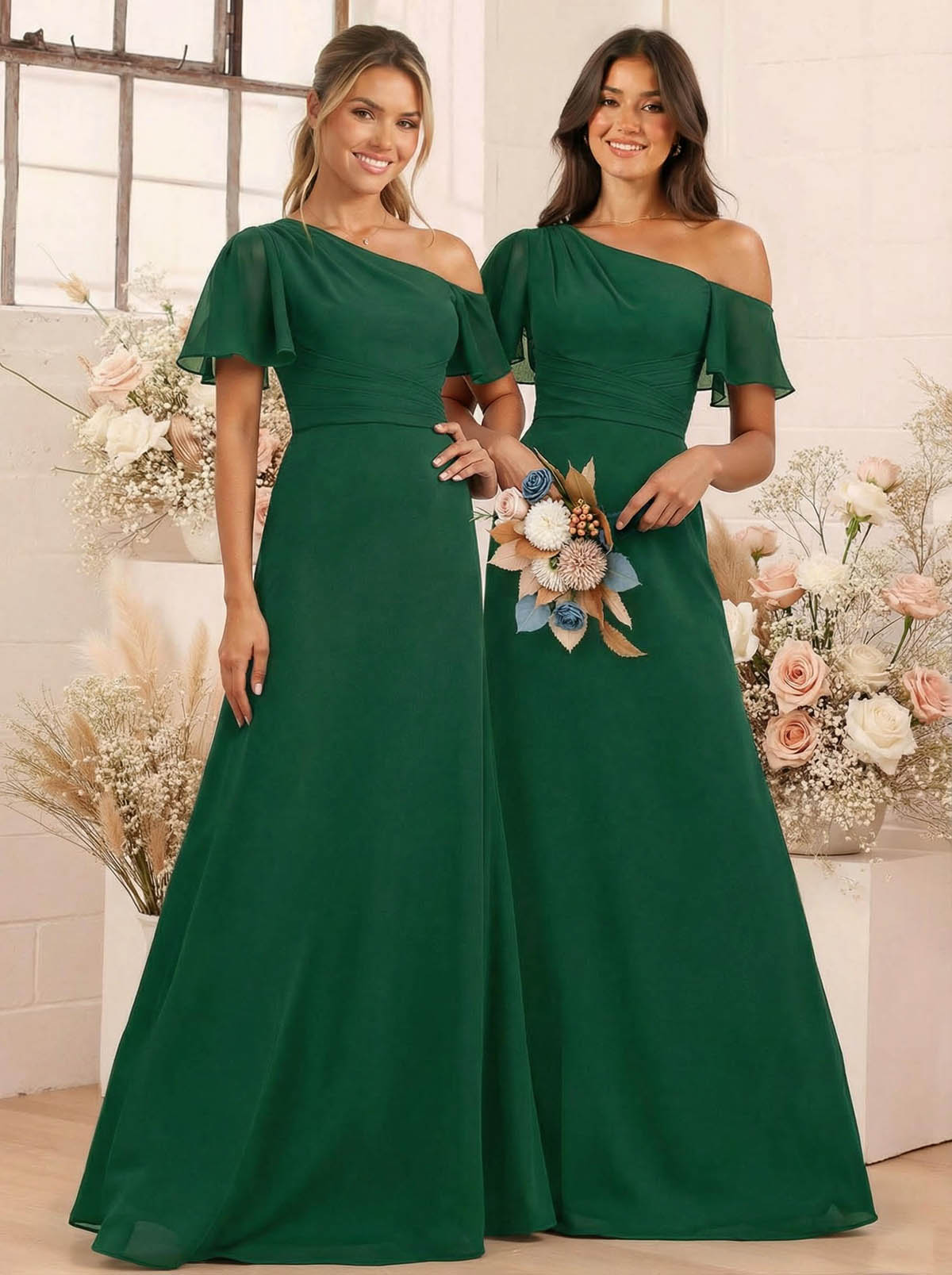 A-Line One-Shoulder Short Sleeves Floor-Length Chiffon Bridesmaid Dresses, product image 85