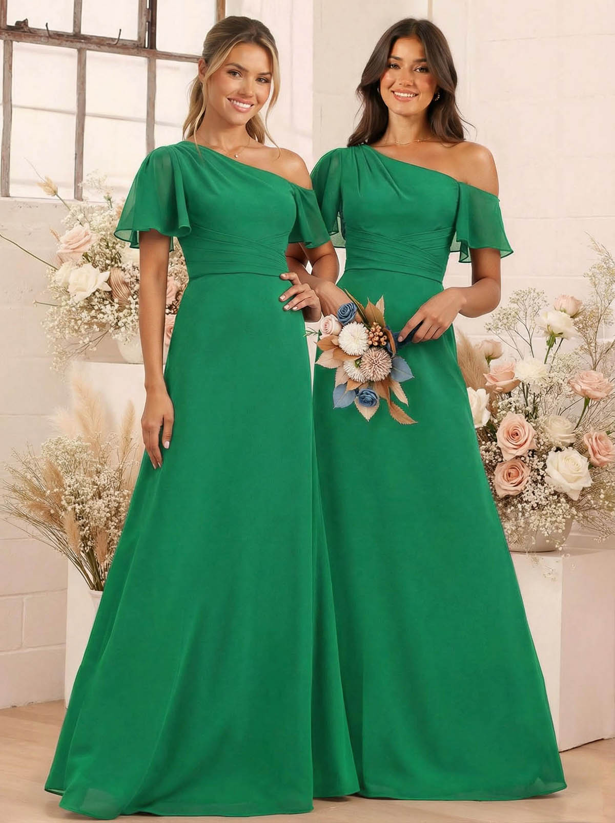 A-Line One-Shoulder Short Sleeves Floor-Length Chiffon Bridesmaid Dresses, product image 83