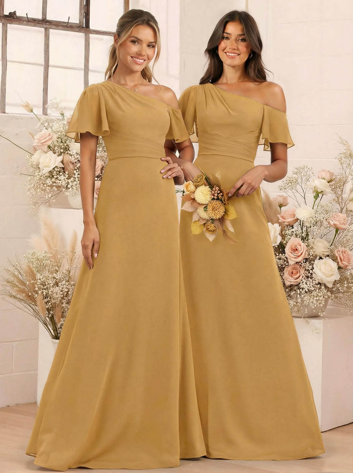 A-Line One-Shoulder Short Sleeves Floor-Length Chiffon Bridesmaid Dresses, product image 63